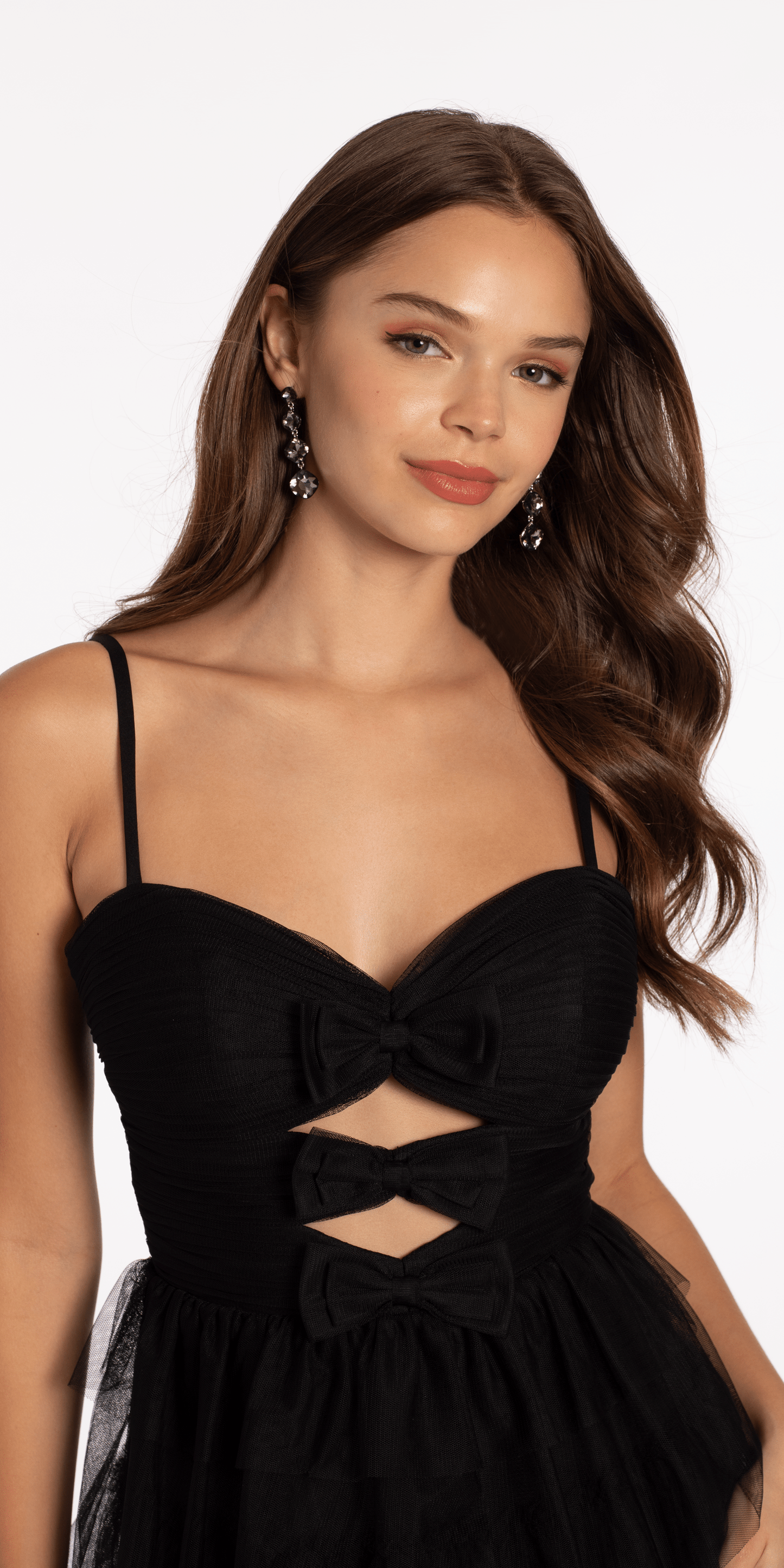 Camille La Vie /Peek a Boo Bows Mesh Tiered Fit and Flare Dress /missy /size/ 0 / black/close up