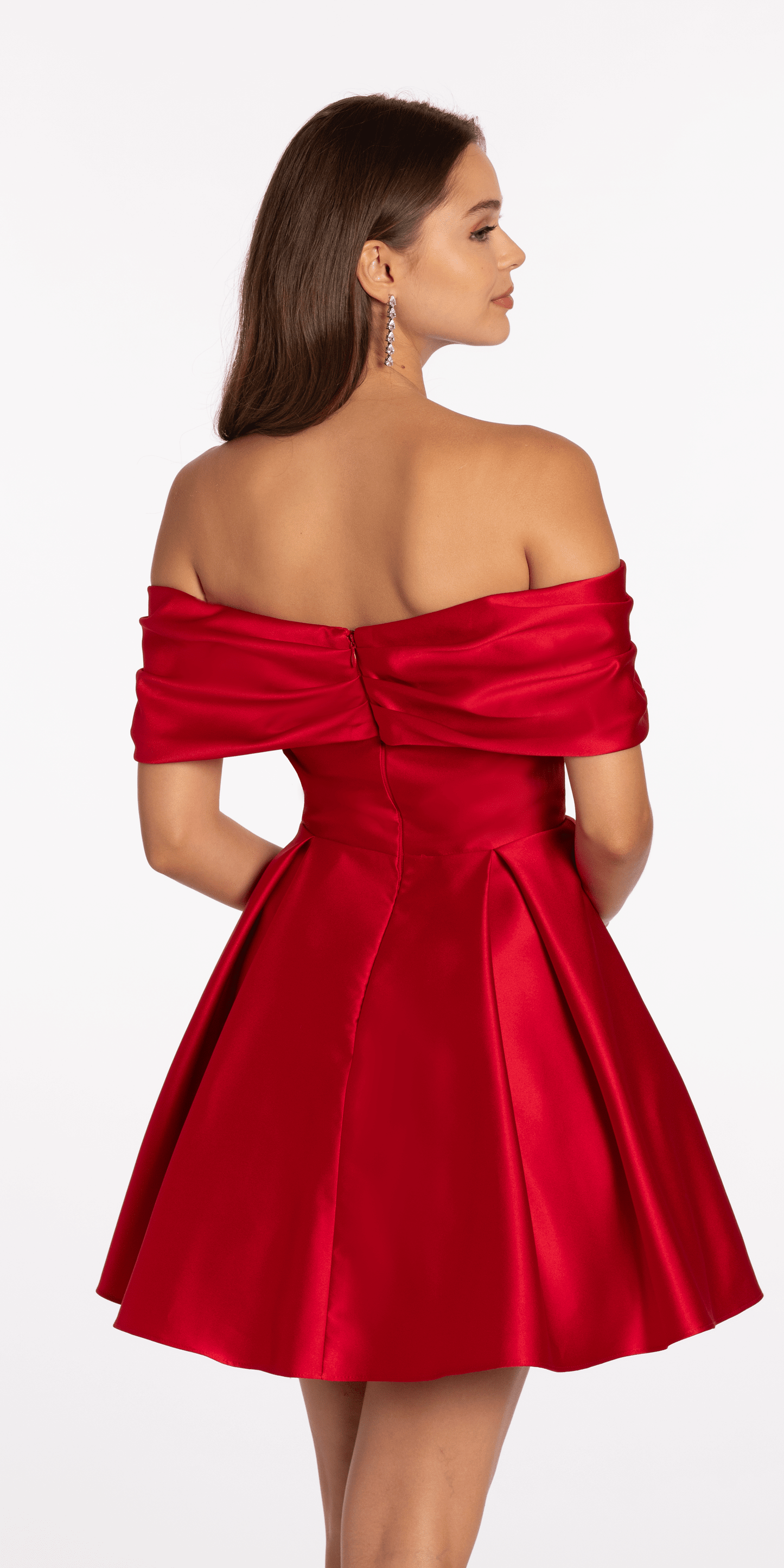 red/size/0/missy/Camille La Vie/Satin Rhinestone Bow off the Shoulder Skater Dress/back