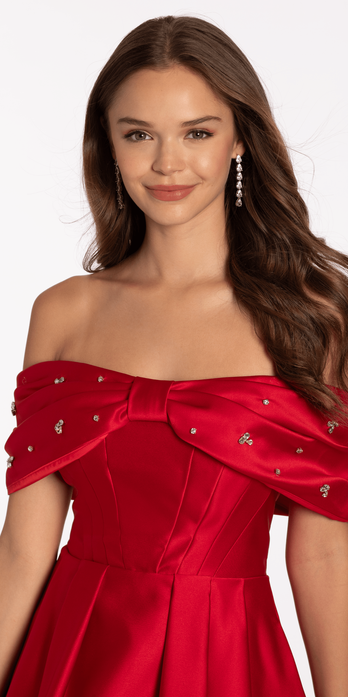 Camille La Vie Satin Rhinestone Bow off the Shoulder Skater Dress