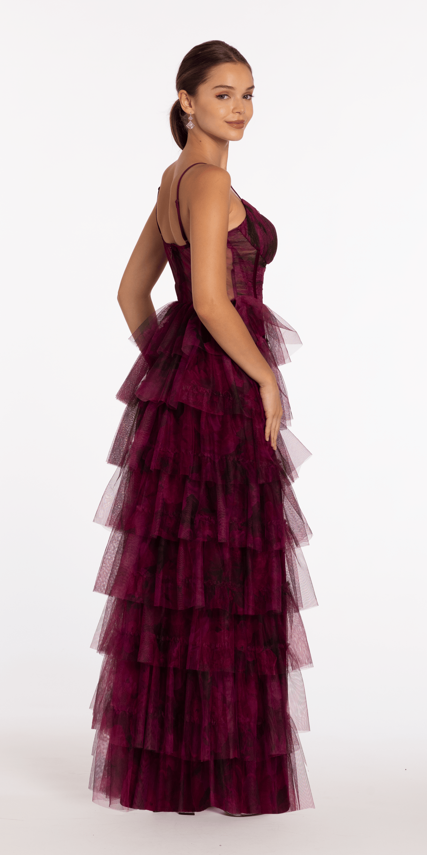 Camille La Vie Print Mesh Sweetheart Corset Tiered Dress