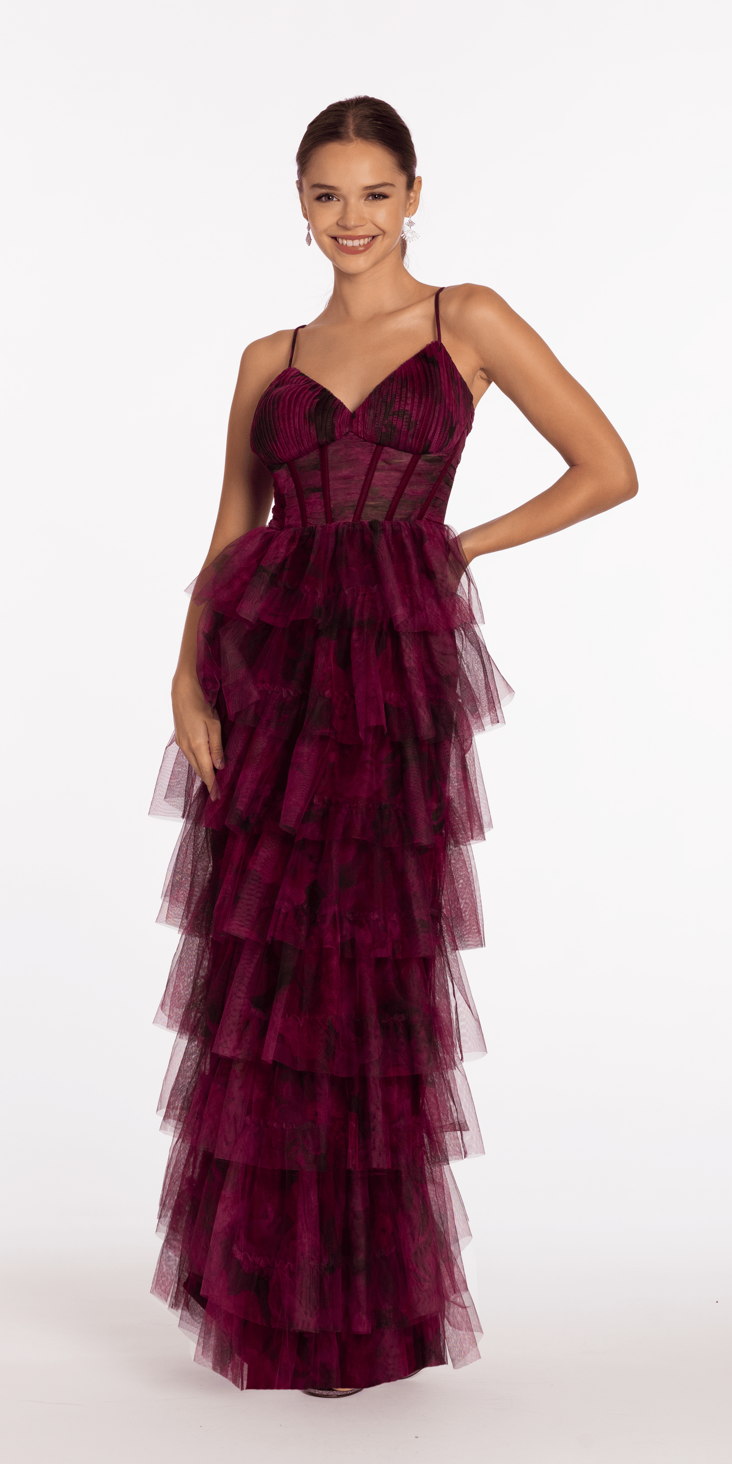 Camille La Vie Print Mesh Sweetheart Corset Tiered Dress