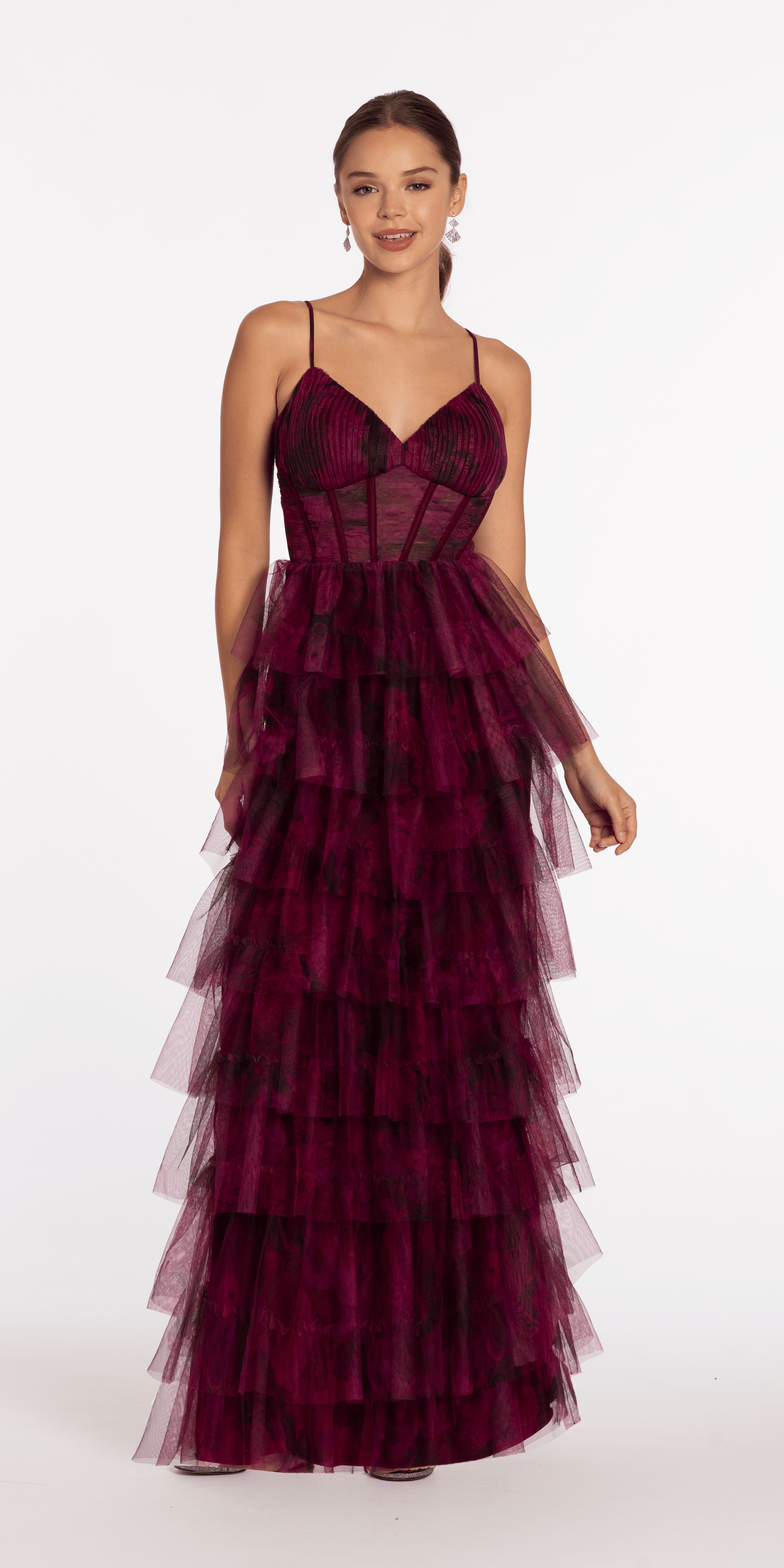 Camille La Vie Print Mesh Sweetheart Corset Tiered Dress missy / 2 / wine