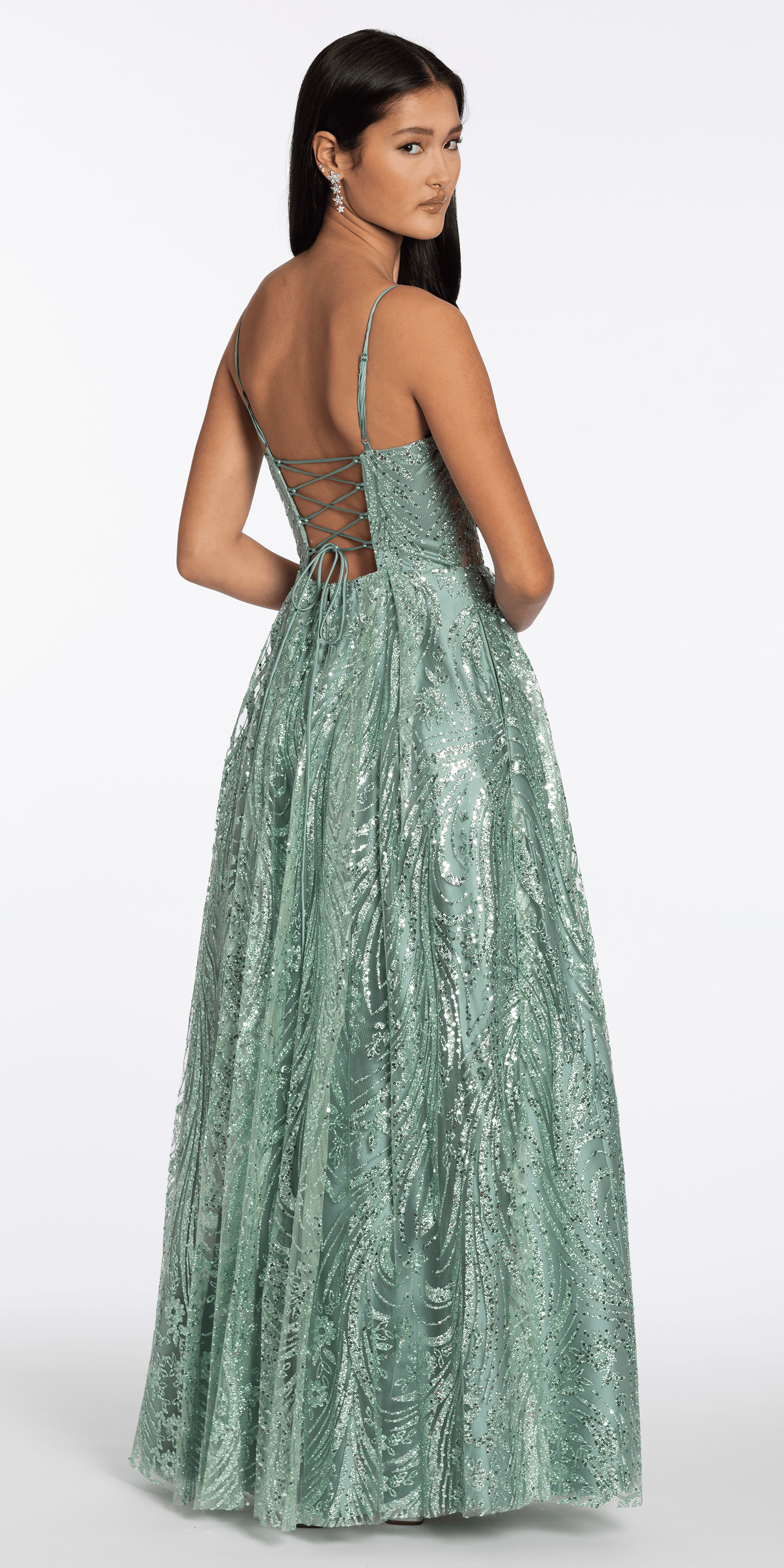 sage/size/4/missy/Camille La Vie/Scoop Neck Glitter Illusion Corset A Line Dress with Pockets/back
