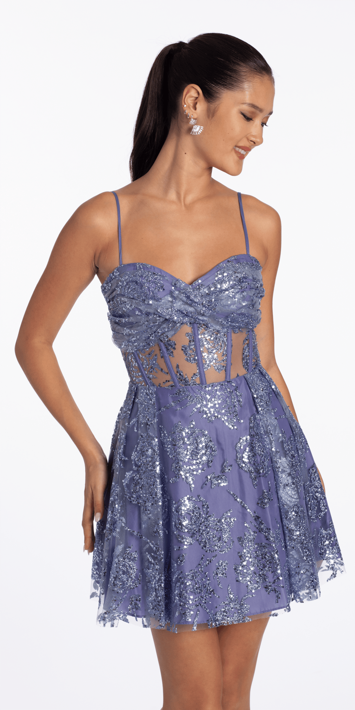 Camille La Vie Glitter Mesh Twist Bodice Corset Fit and Flare Dress