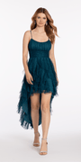 Scoop Neck Glitter Mesh Lace Up Back High-Low Dress Image 3