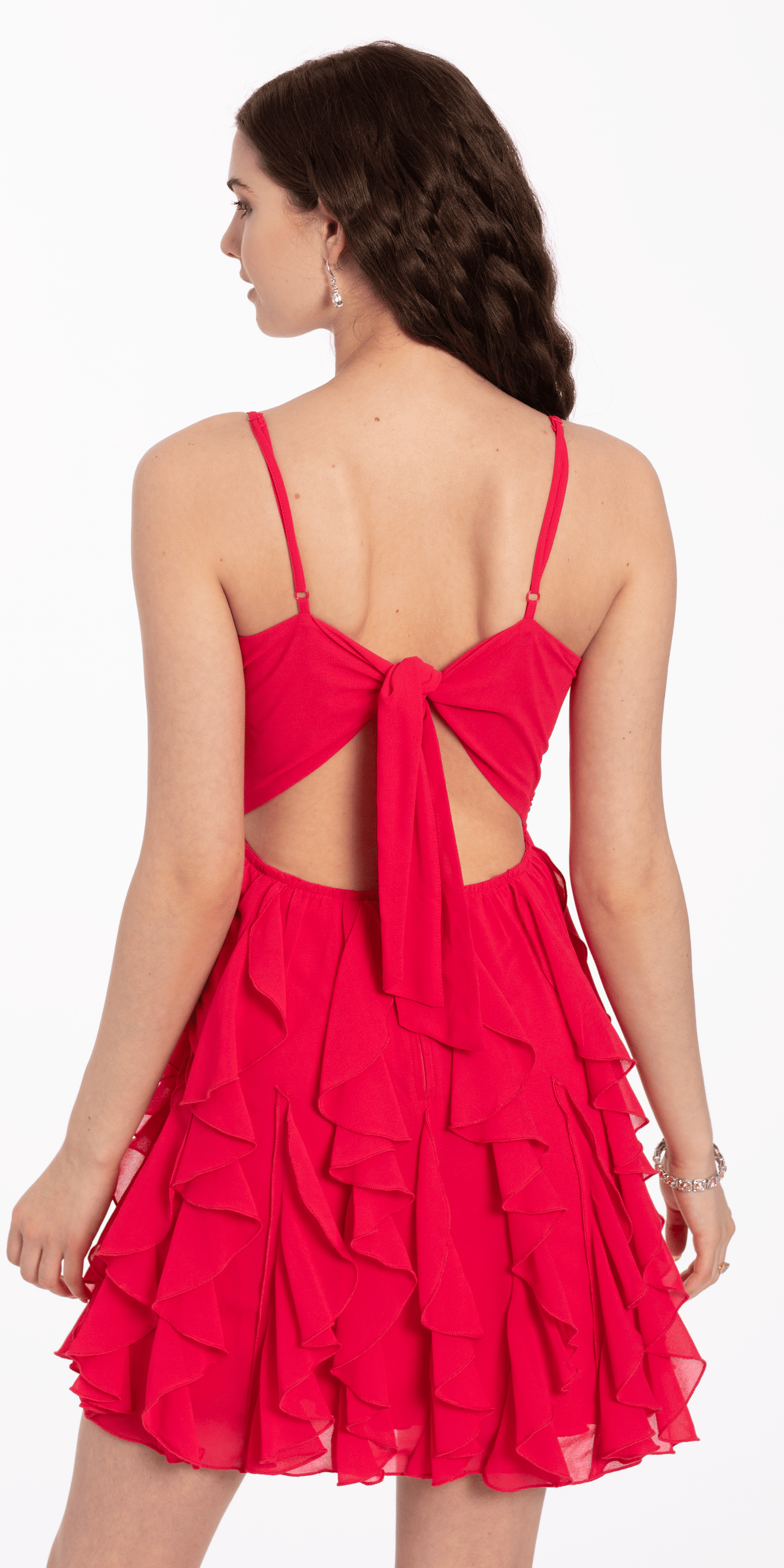 raspberry Camille La Vie Ruched Bodice Chiffon Corkscrew Ruffle Dress