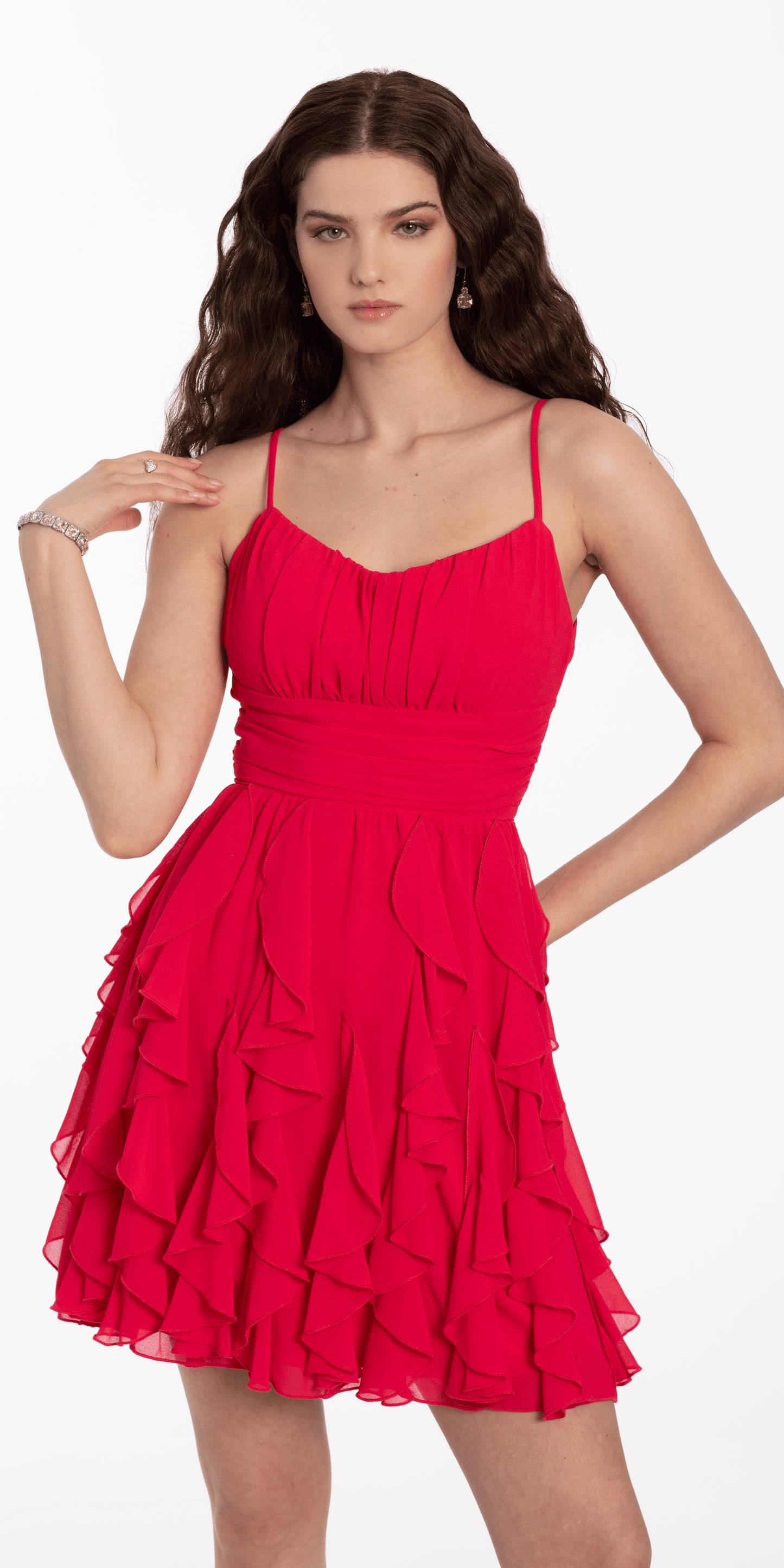 raspberry Size 4 missy Camille La Vie Ruched Bodice Chiffon Corkscrew Ruffle Dress