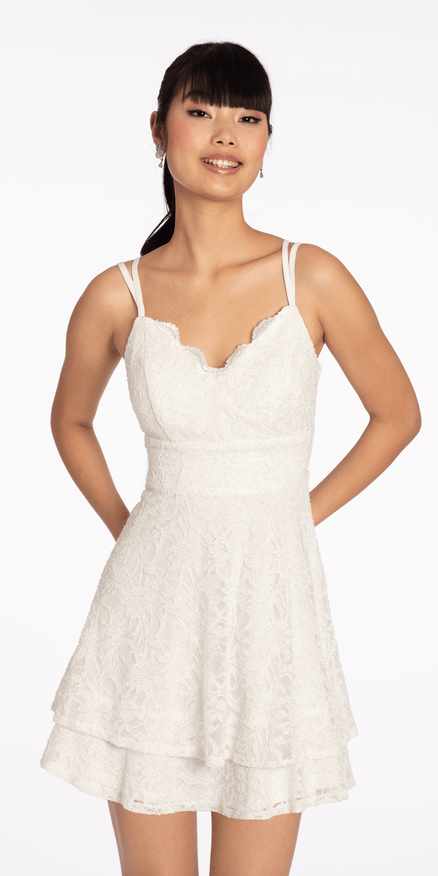 Camille La Vie Two Tier Glitter Lace Scalloped Skater Dress missy / 4 / off-white