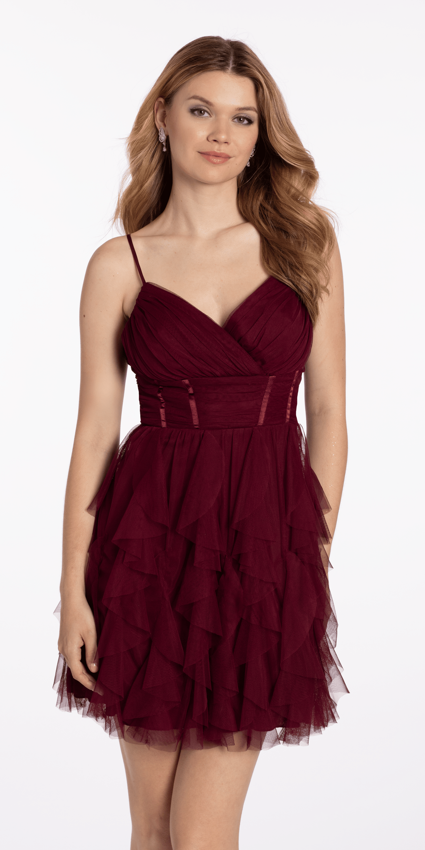 Camille La Vie/Pleated Mesh Sweetheart Corset Fit and Flare Dress/ missy/ size/ 2 /wine/ front