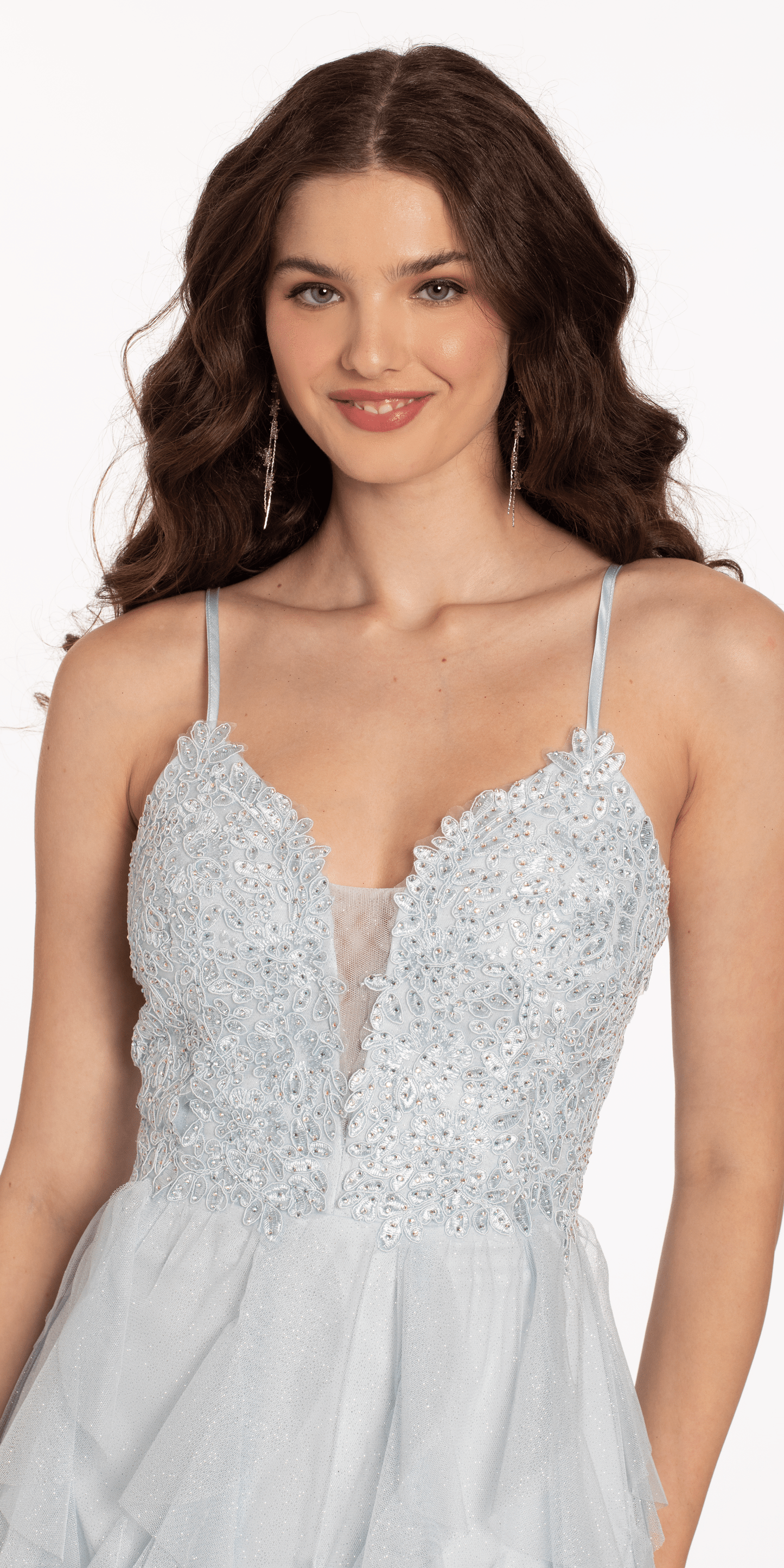 light-blue Size 8 missy Camille La Vie Plunging Glitter Cascade Fit and Flare Dress with Lace Bodice