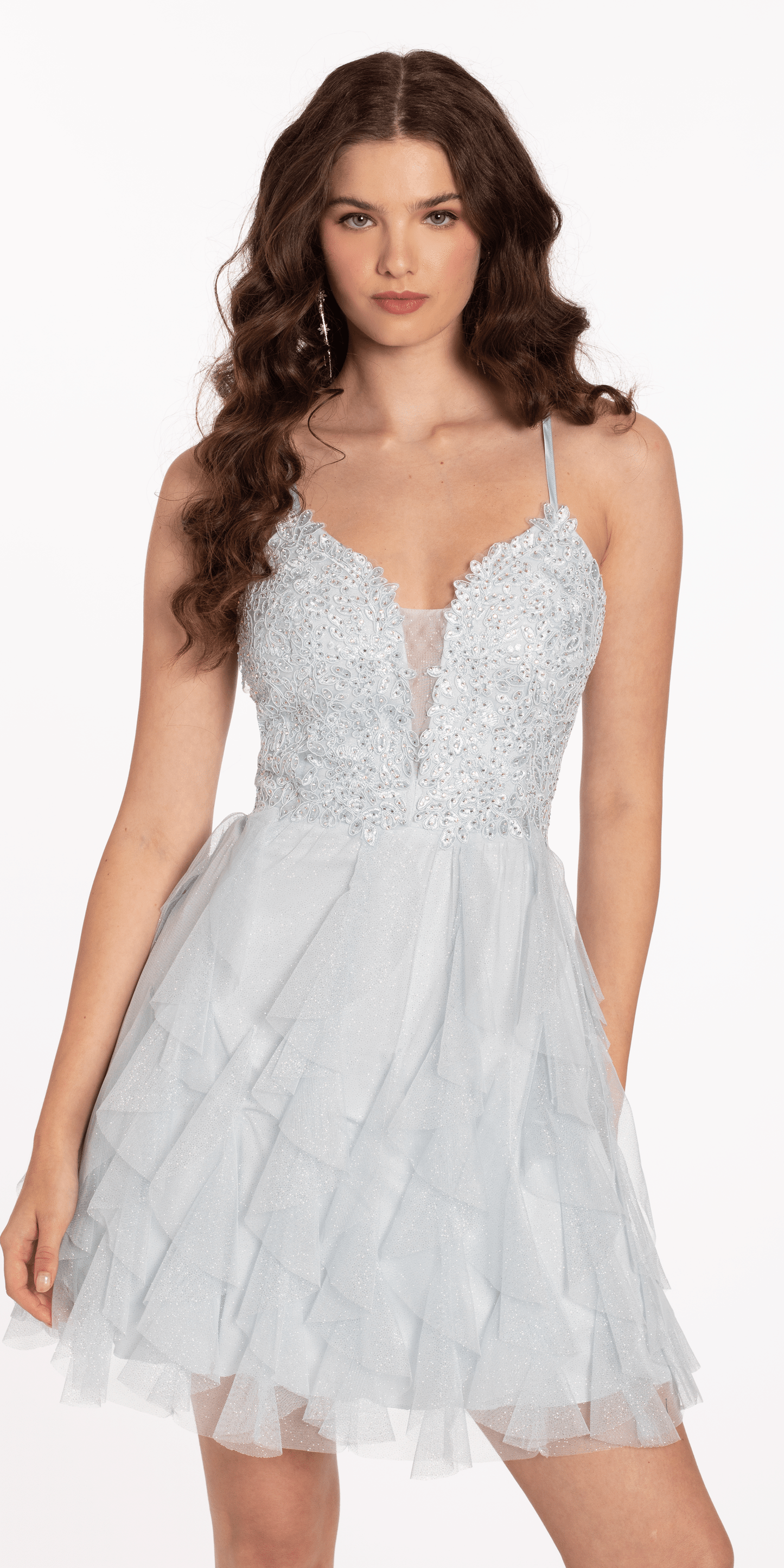 light-blue Size 4 missy Camille La Vie Plunging Glitter Cascade Fit and Flare Dress with Lace Bodice