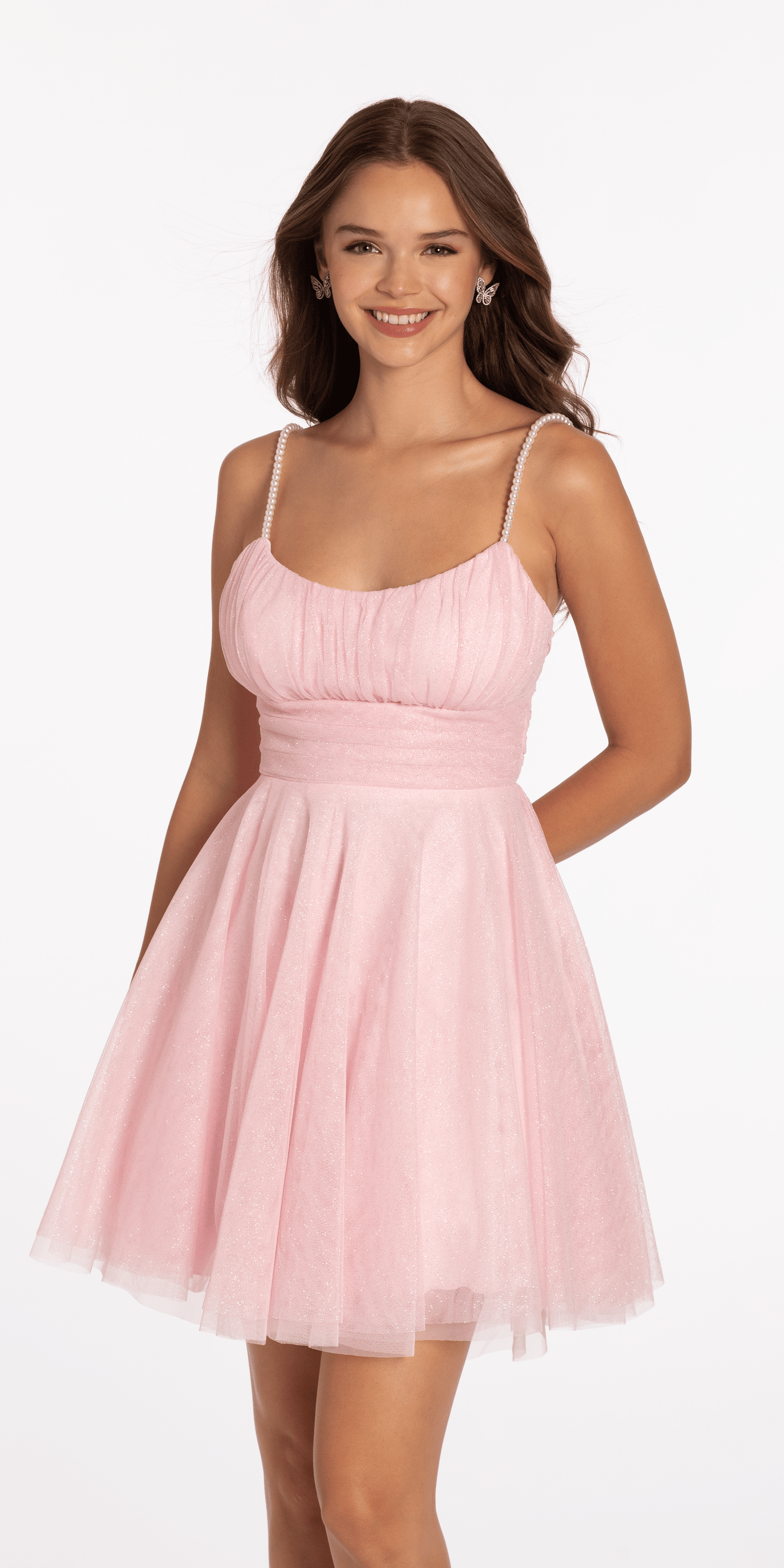 Camille La Vie /Glitter Mesh Scoop Neck Fit and Flare Dress with Pearl Straps missy / size/4 / pink/ front
