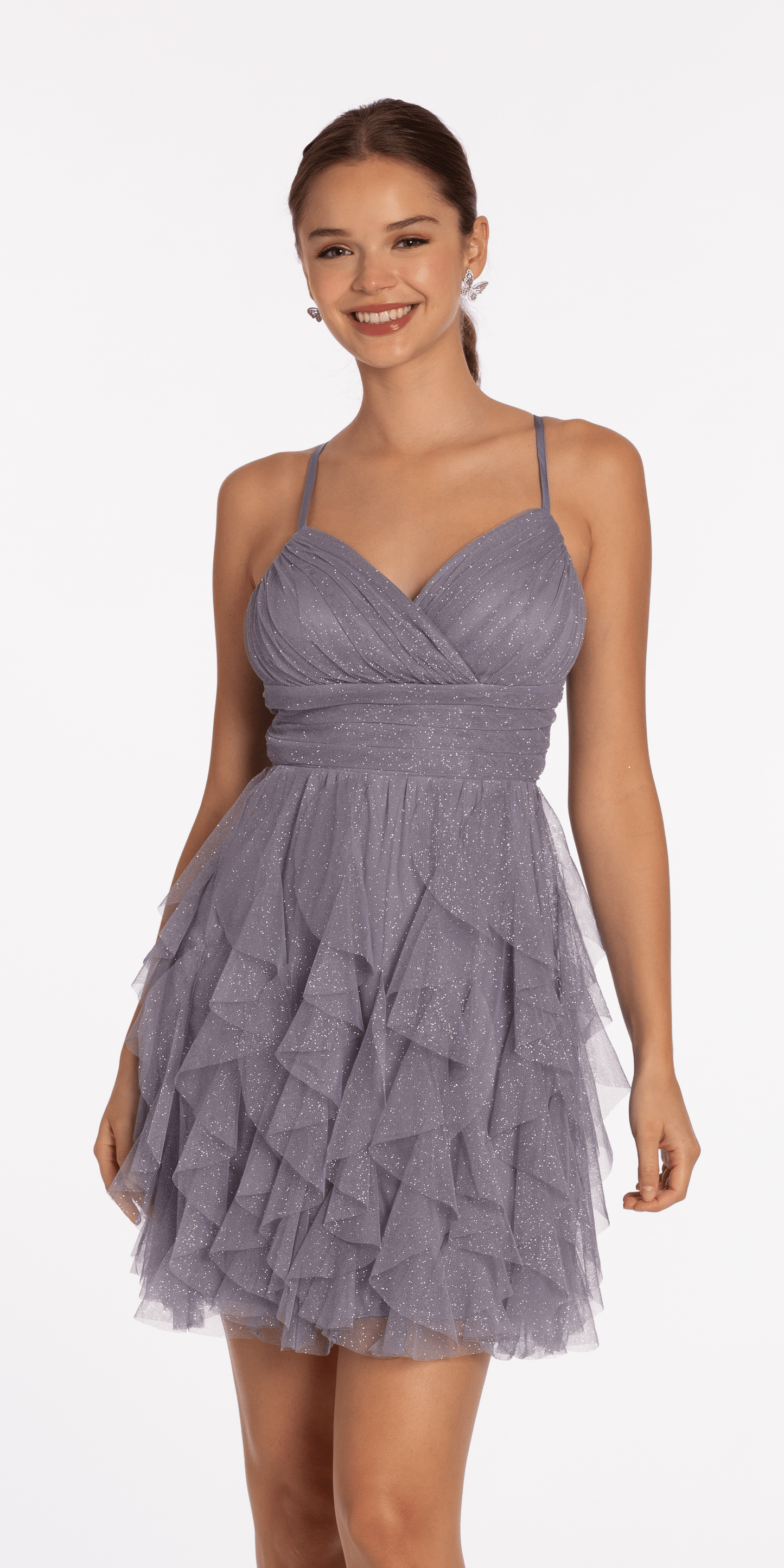 Camille La Vie Lace Up Back Tiered Glitter Mesh Fit and Flare Dress