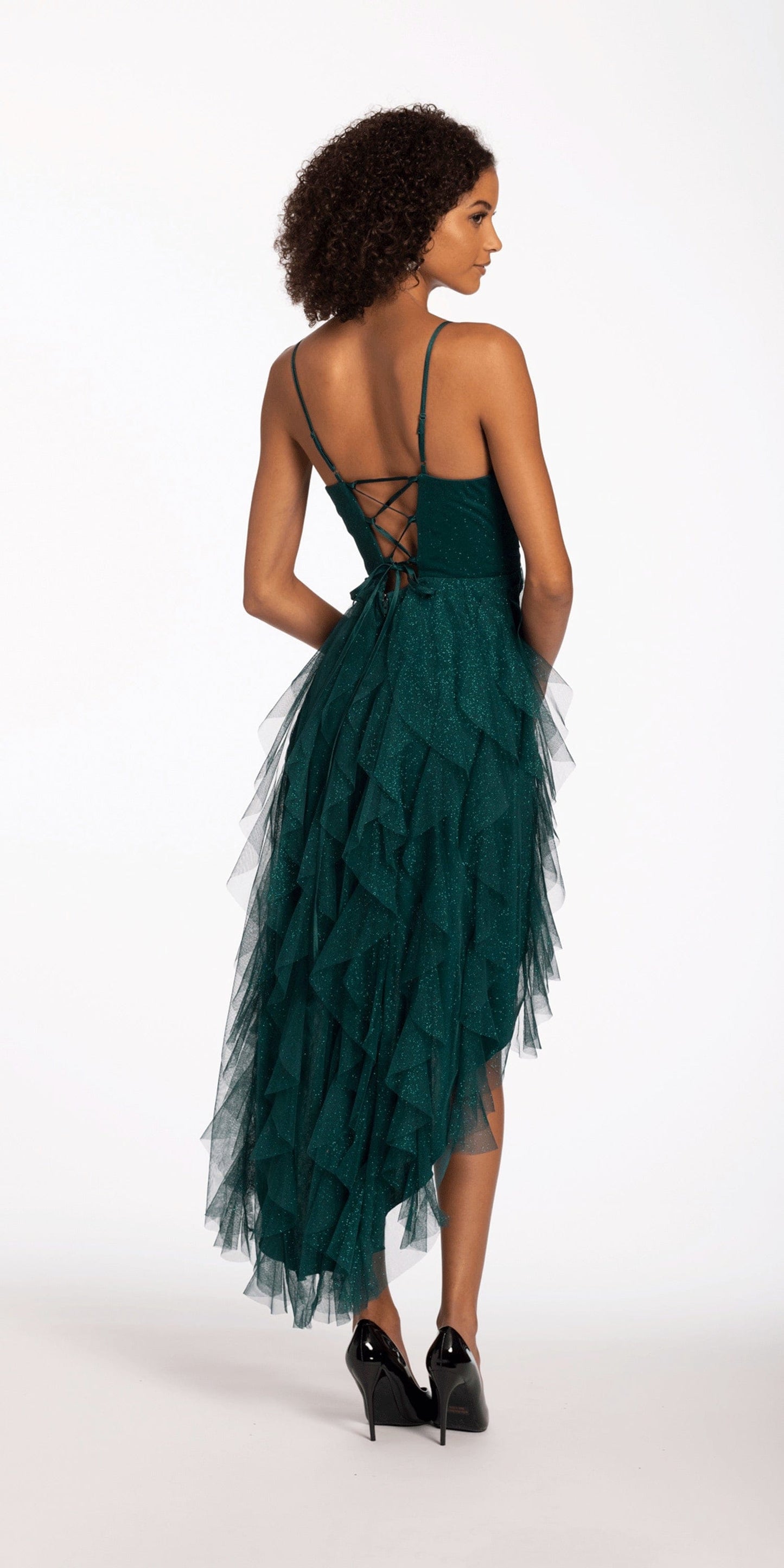 Camille La Vie Glitter Ruched Mesh High Low Dress with Cascade Hem Dress missy / 4 / emerald