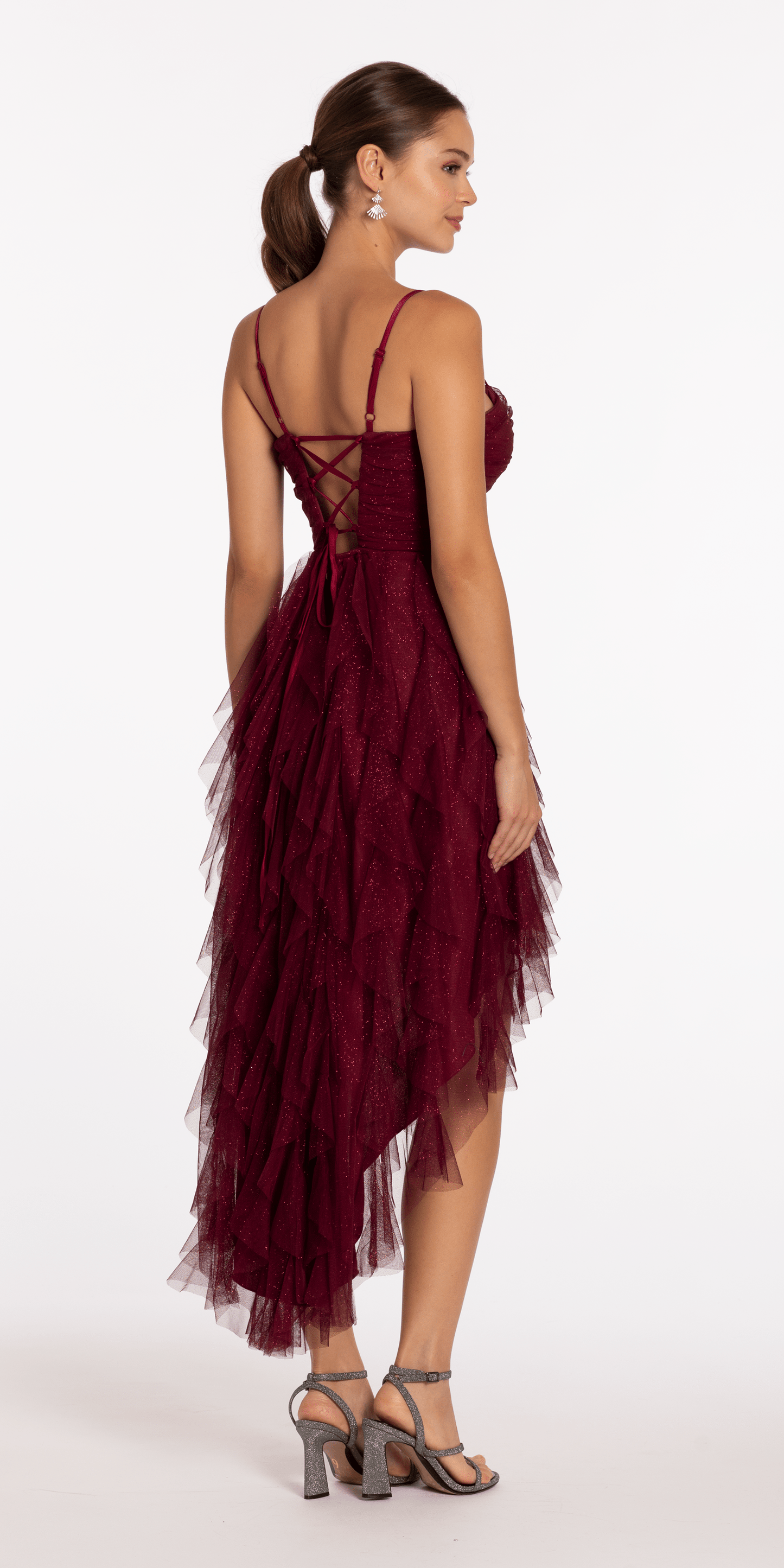 Camille La Vie Sweetheart Glitter Mesh High-Low Dress with Peek-a-Boo Bodice/ missy /size /4 /wine/back