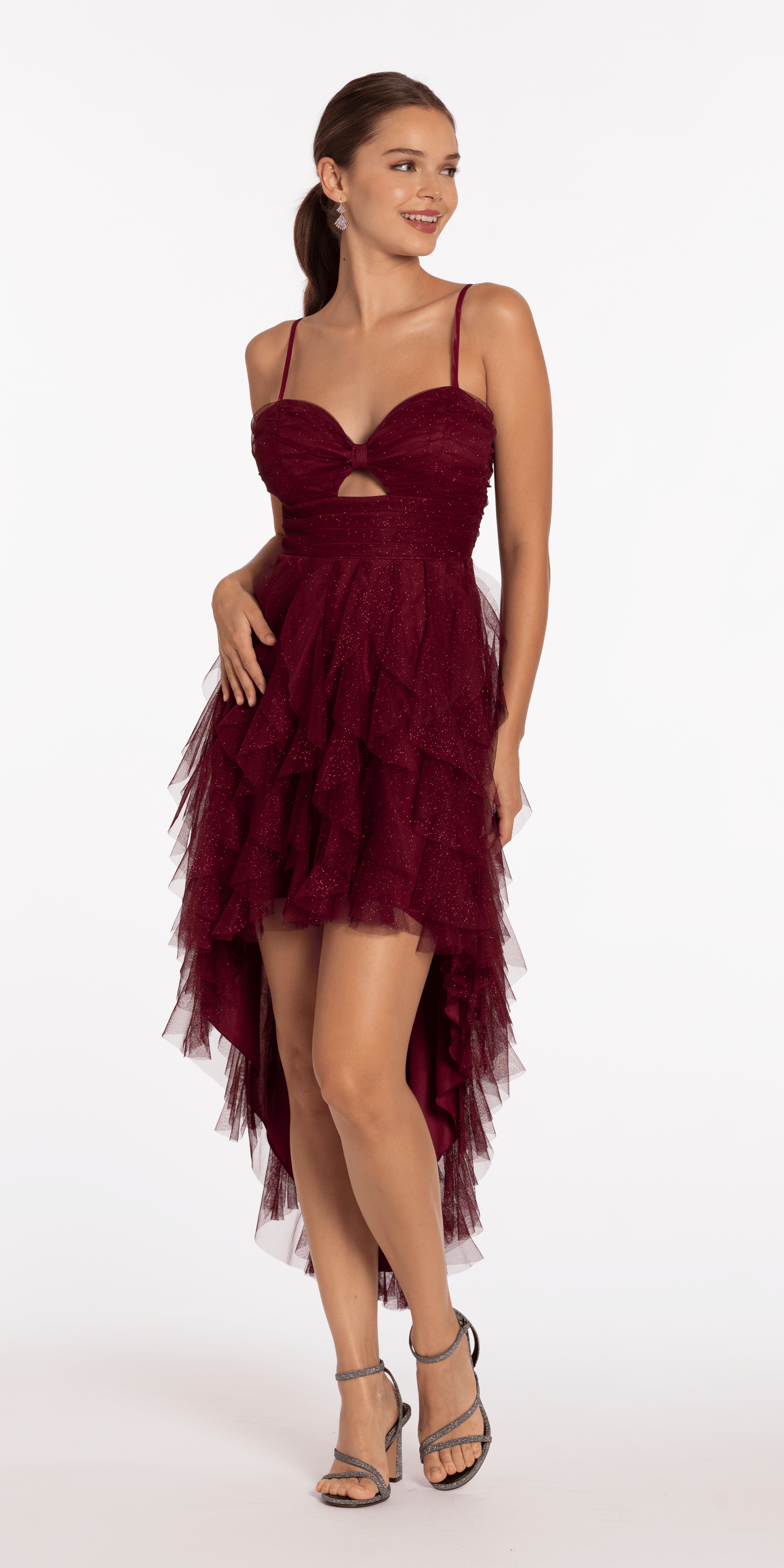 Camille La Vie Sweetheart Glitter Mesh High-Low Dress with Peek-a-Boo Bodice/ missy /size / 4 / wine/front