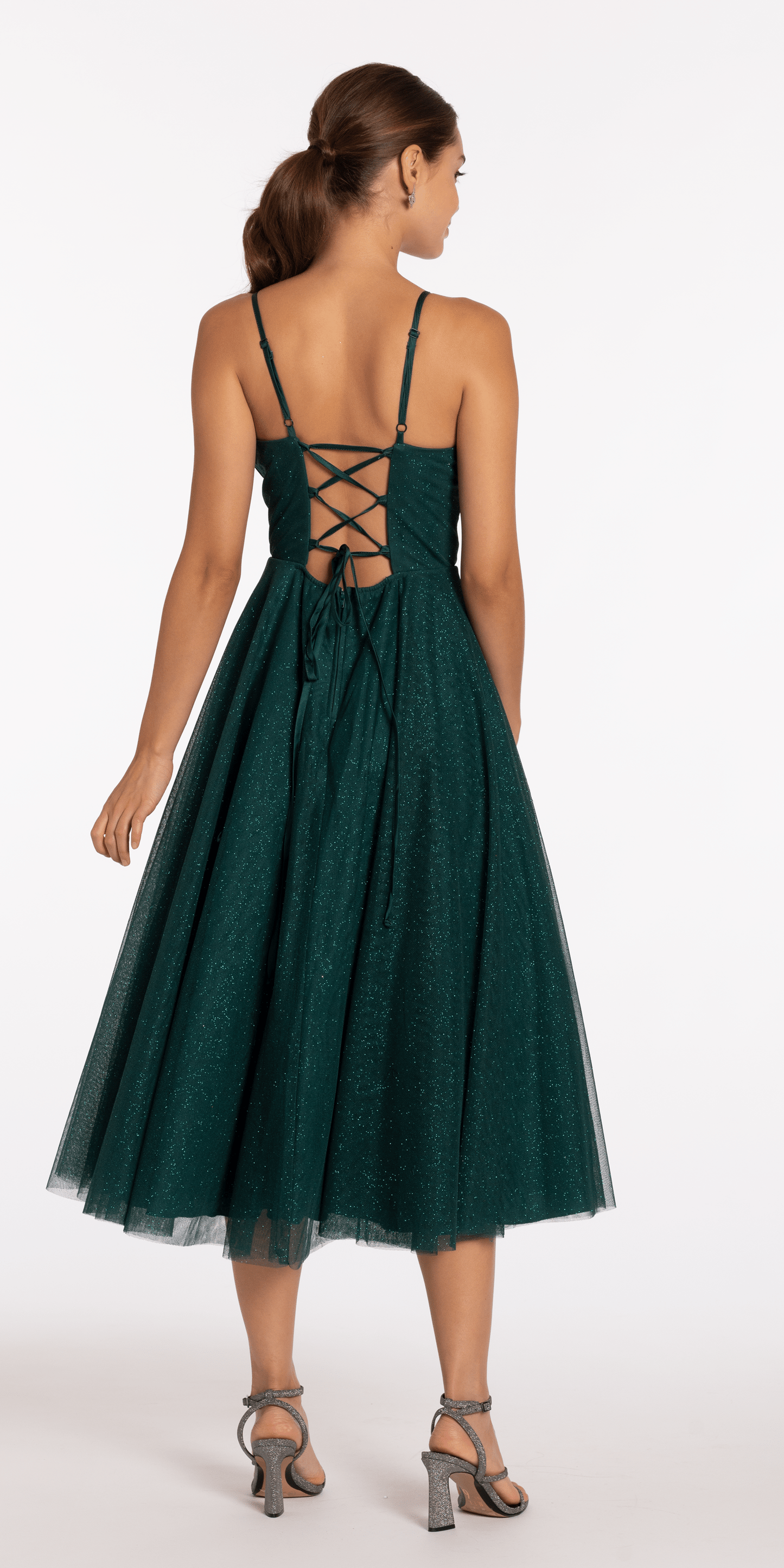 Camille La Vie/ Glitter Mesh Sweetheart Pleated Tea Length Dress/ missy / size /4 / emerald/ back