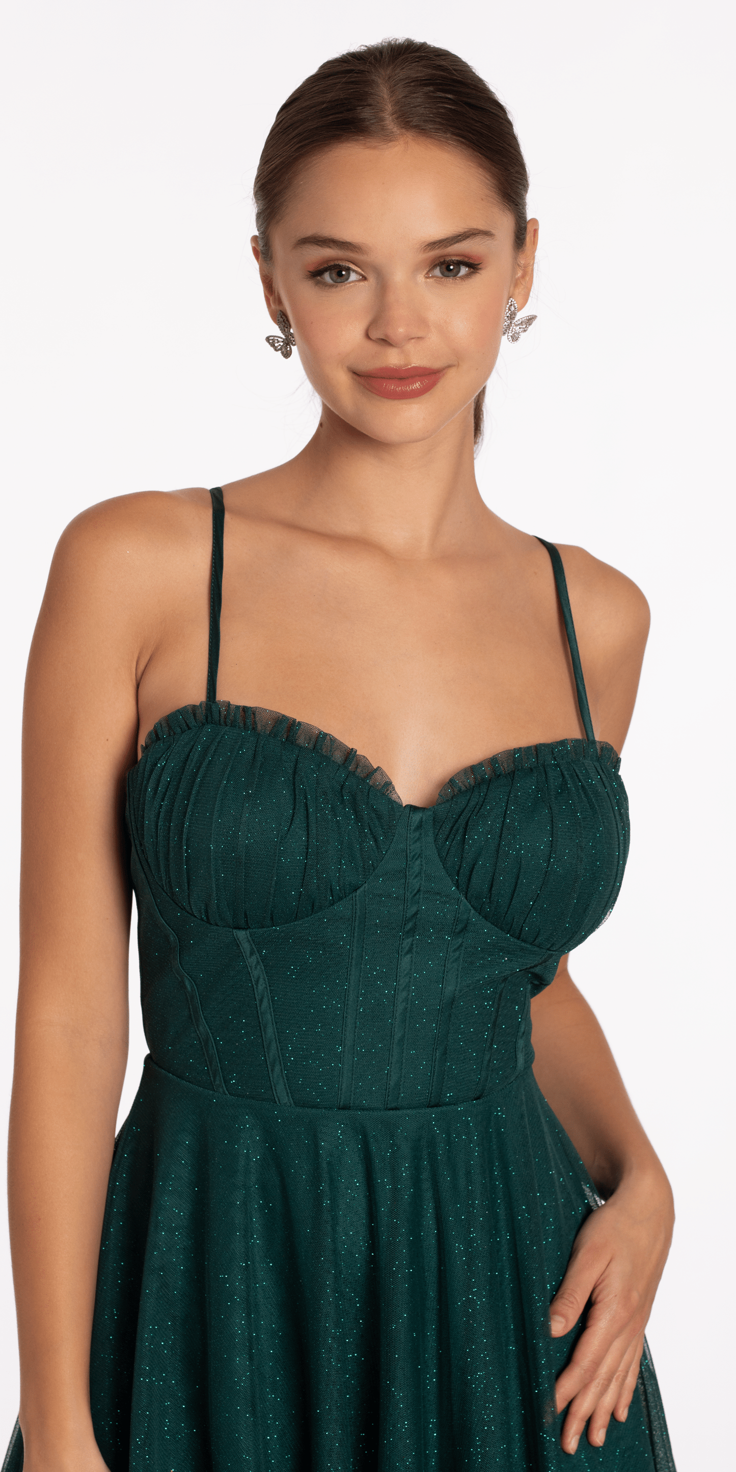 Camille La Vie/ Glitter Mesh Sweetheart Pleated Tea Length Dress/ missy / size /4 / emerald/close up alt 2