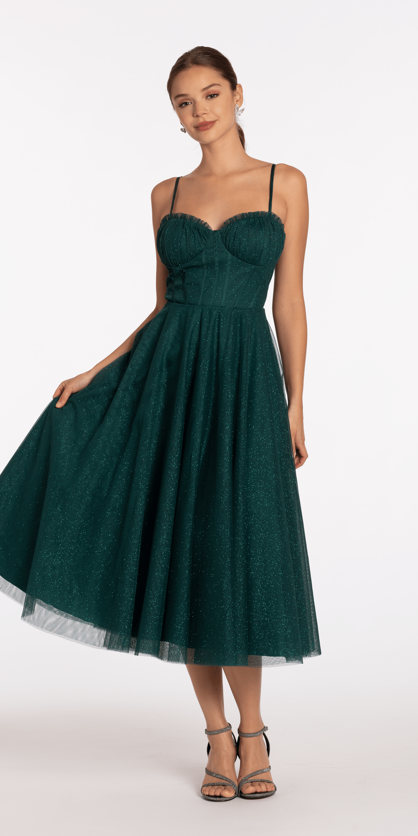 Camille La Vie/ Glitter Mesh Sweetheart Pleated Tea Length Dress/ missy / size /4 / emerald/front alt 2