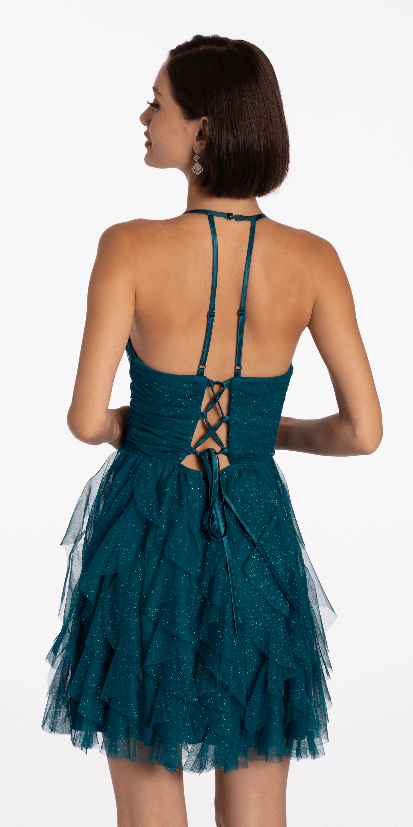 teal/size/4/missy/Camille La Vie/Scoop Neck Glitter Fit and Flare Dress with Tendrils/back