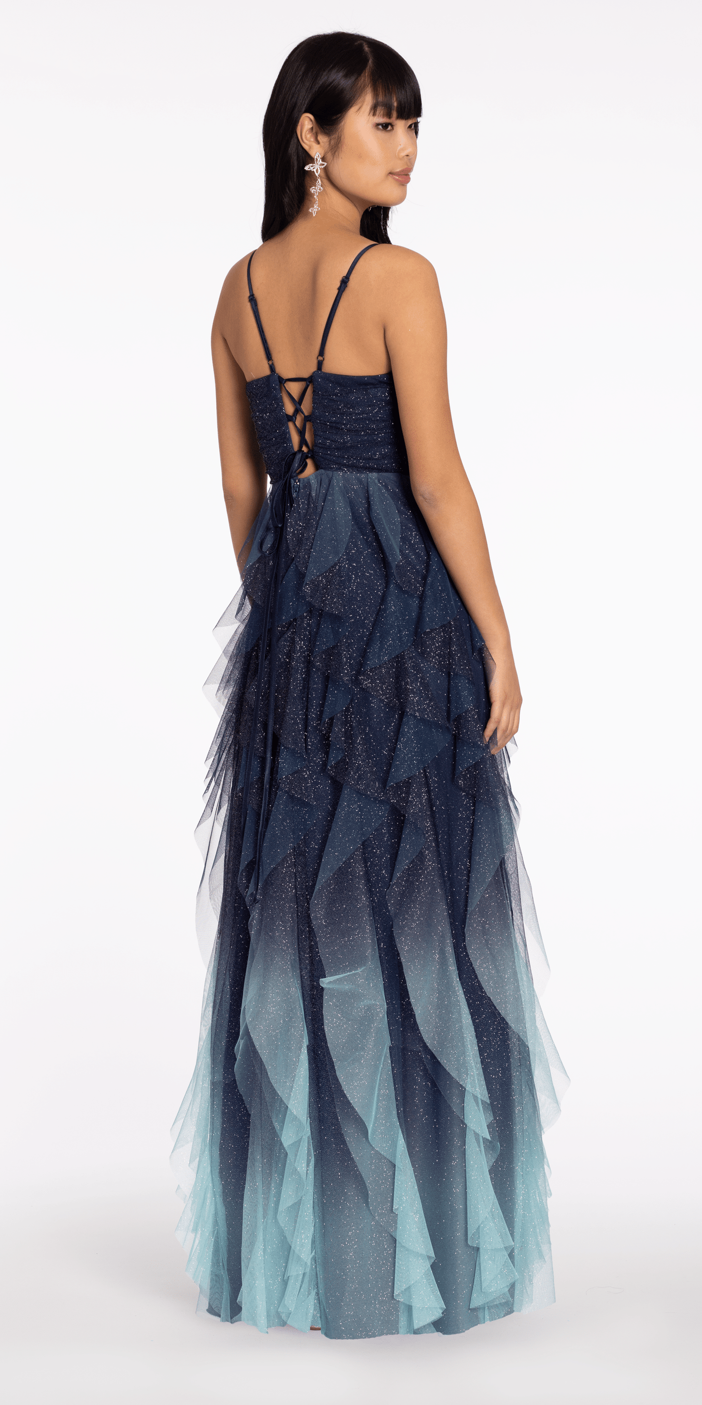 navy Size 4 missy Camille La Vie Ombre Glitter Peek a Boo Mesh A Line Dress with Tendrils