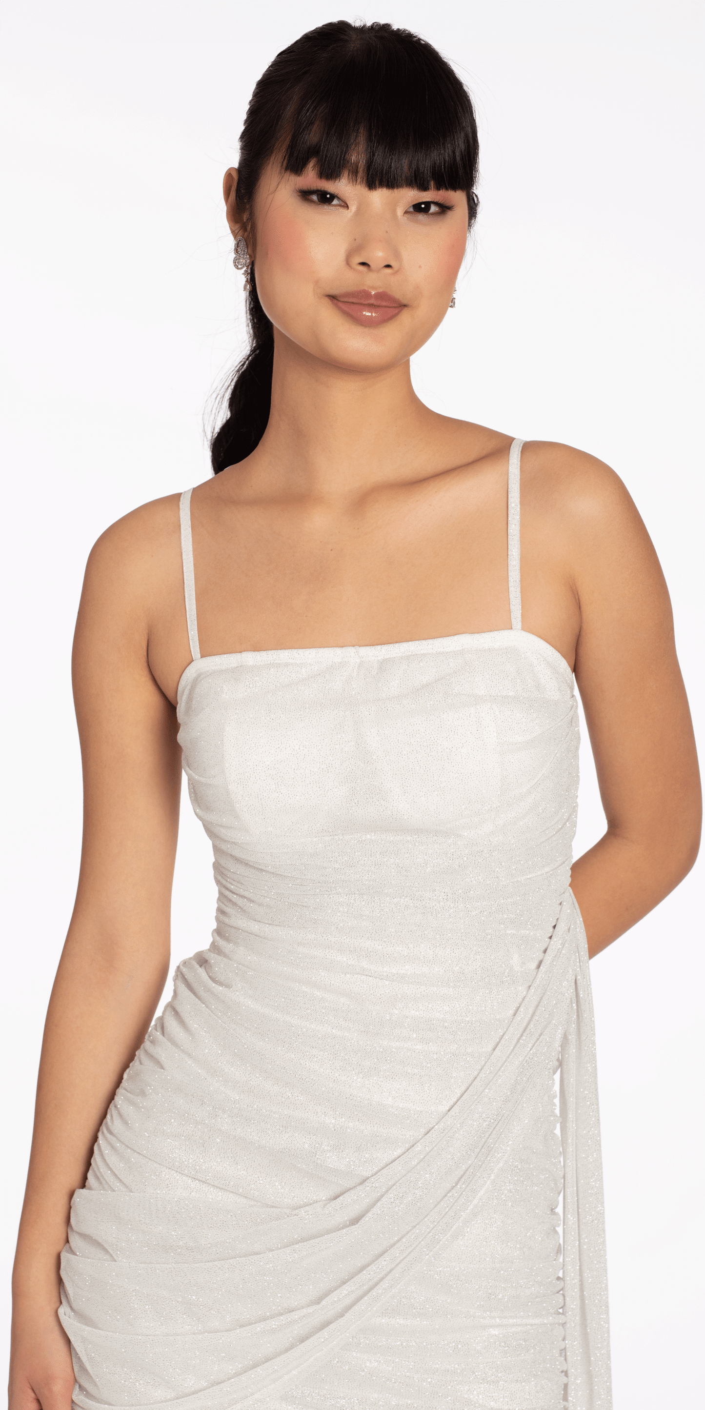Camille La Vie/ Ruched Glitter Mesh Bodycon Dress with Side Sash/ missy /size/ s /off white/close up