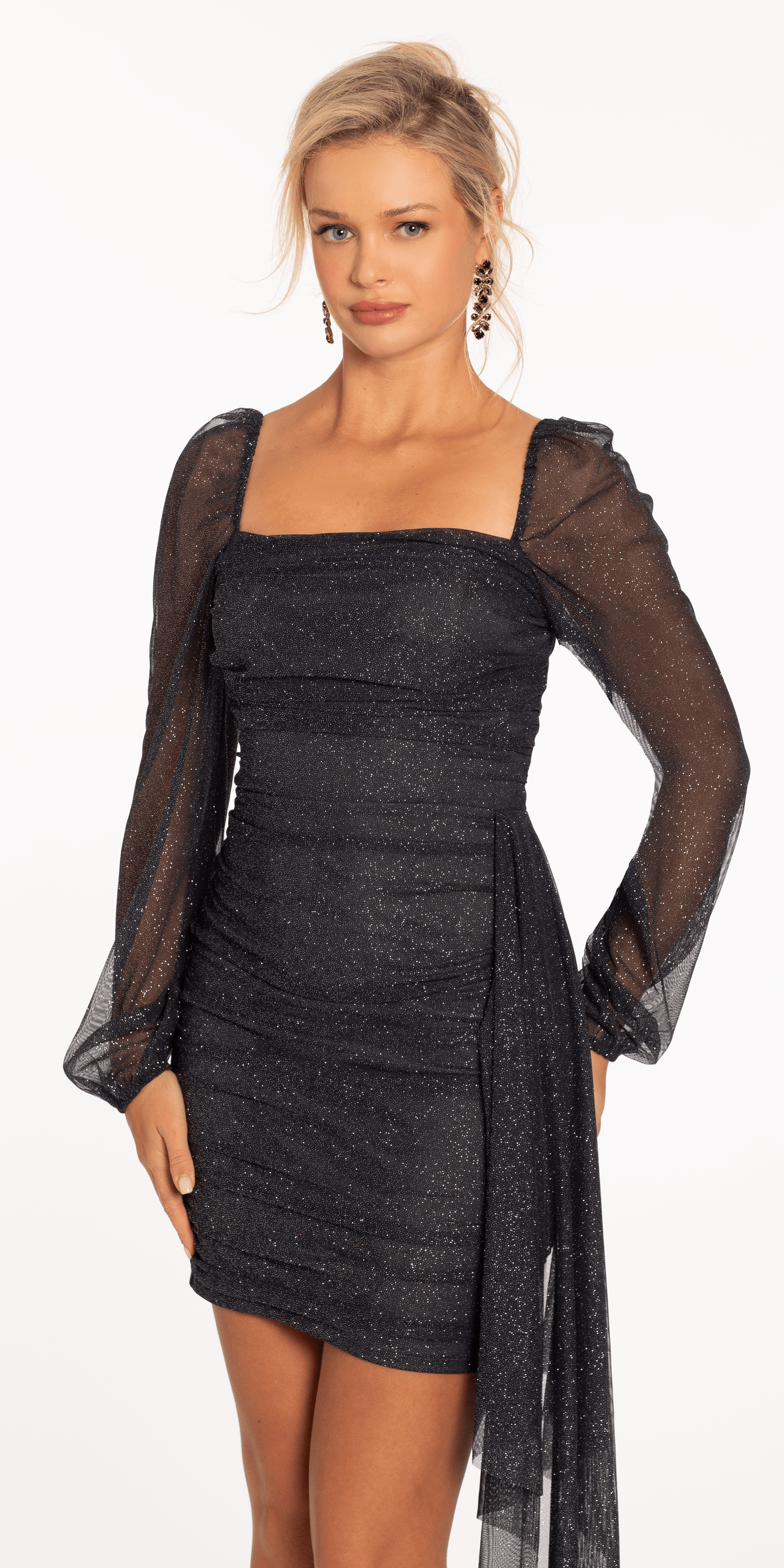 charcoal Size S missy Camille La Vie Glitter Mesh Long Sleeve Shirred Bodycon Dress with Side Cascade