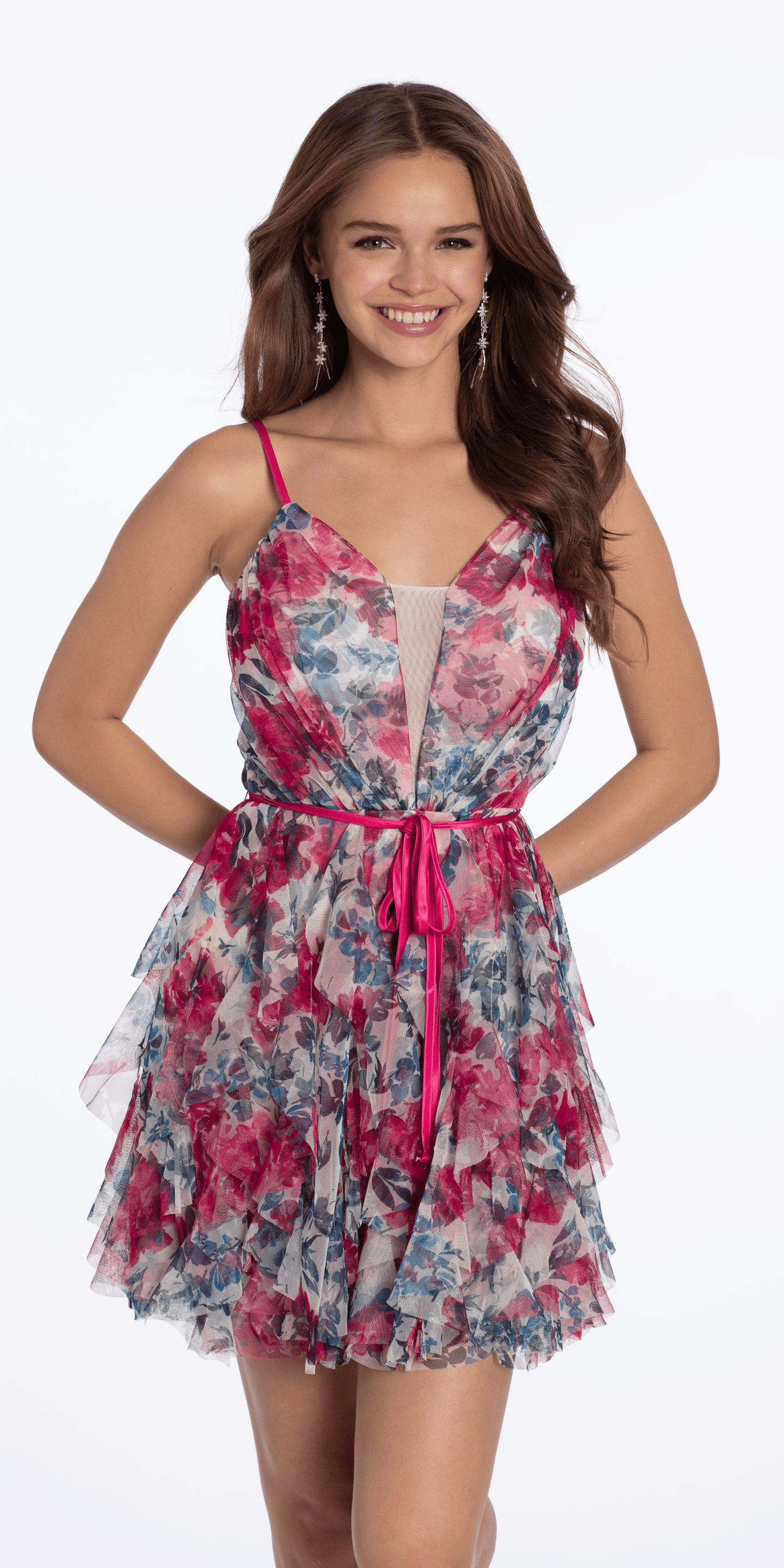 Camille La Vie /Plunging Floral Tiered Fit and Flare Dress with Satin Tie/ missy /size /4 /multi/front alt