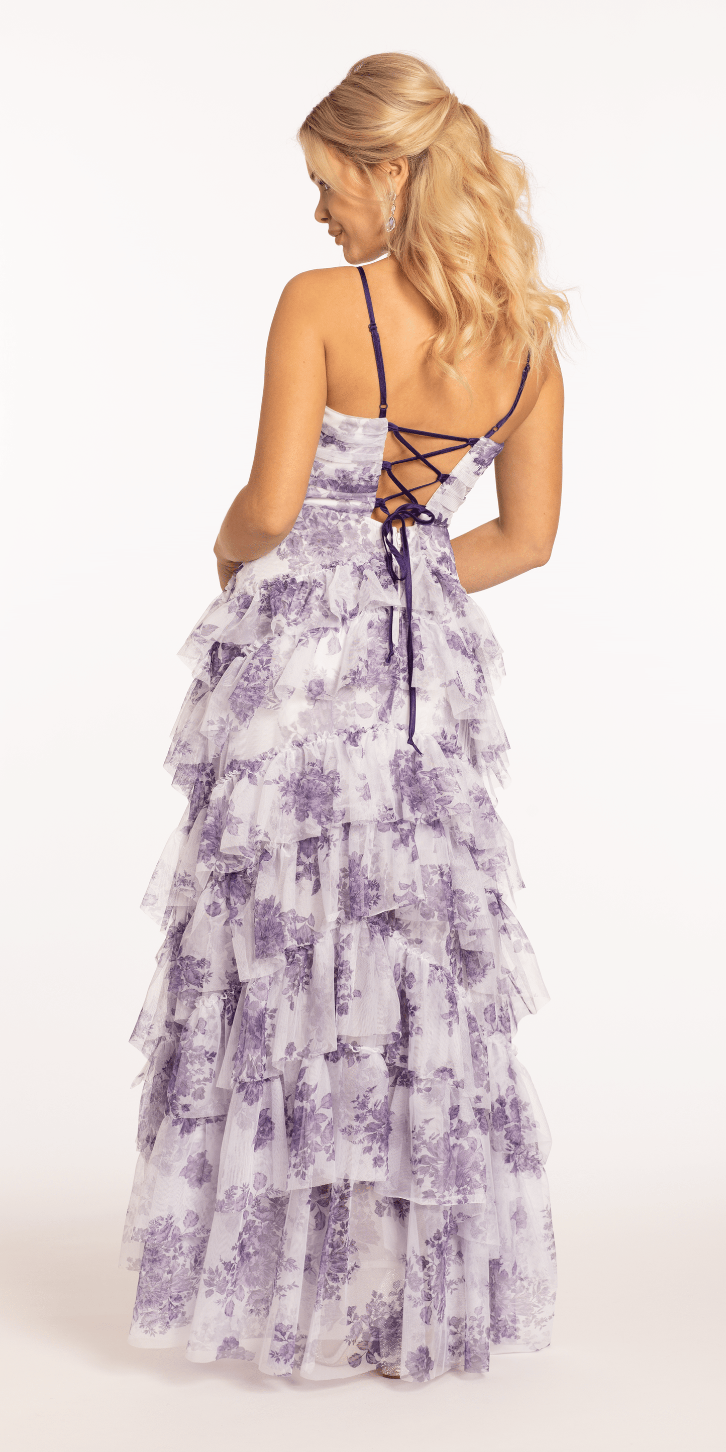white-purple Size 2 missy Camille La Vie Sweetheart Mesh Floral Tiered Lace Up A Line Dress