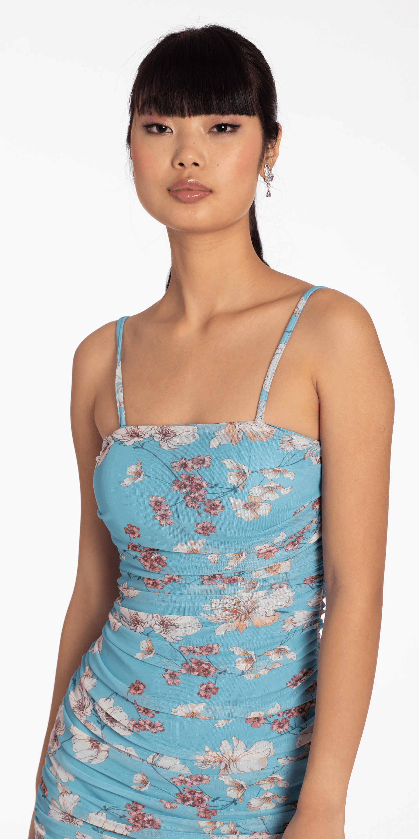Camille La Vie/ Square Neck Spaghetti Strap Floral Mesh Ruched Bodycon Dress / missy/size /4 / blue/close up alt