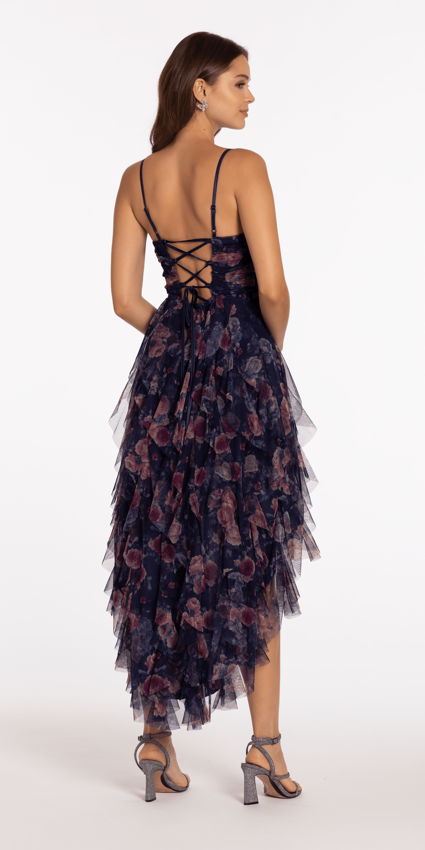 Camille La Vie Pleated Print Mesh High Low Dress with Tendrils