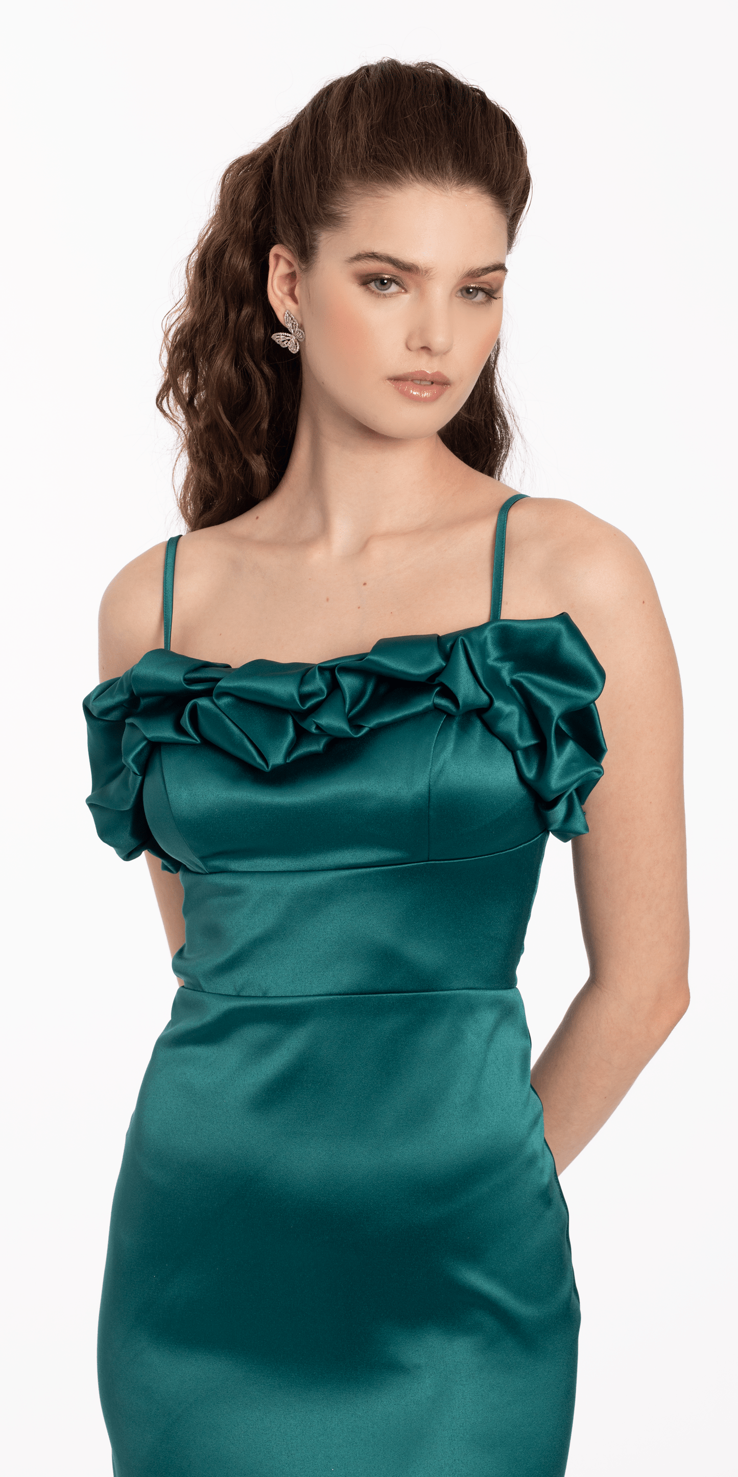 emerald Size 4 missy Camille La Vie Satin Ruffle Asymmetrical Hem Dress