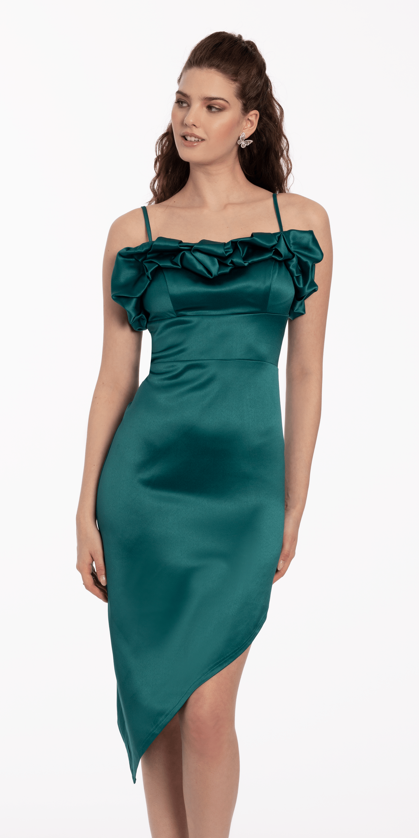 emerald Size 4 missy Camille La Vie Satin Ruffle Asymmetrical Hem Dress