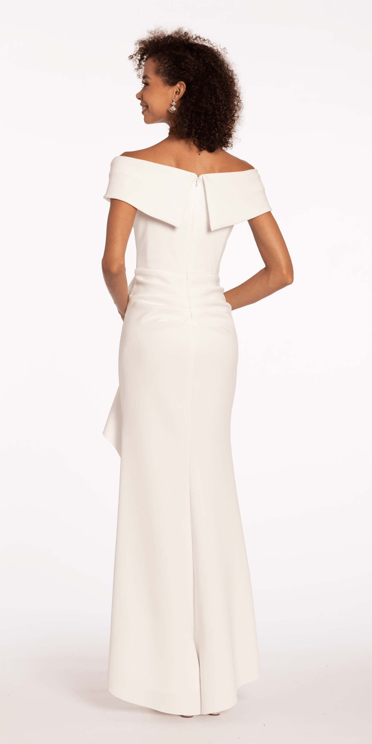 ivory/size/2/missy/Camille La Vie/Off the Shoulder Scuba Dress with Side Ruffle/back