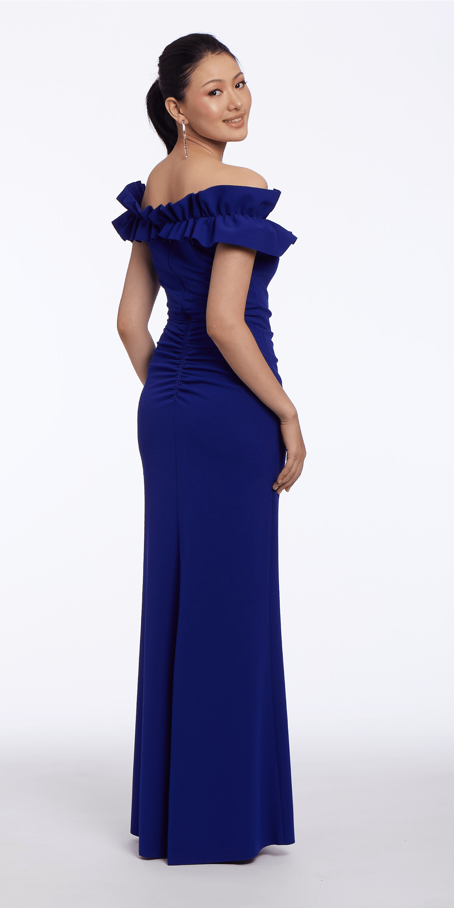 Camille La Vie Ruffle Off the Shoulder Crepe Trumpet Dress with Ruching