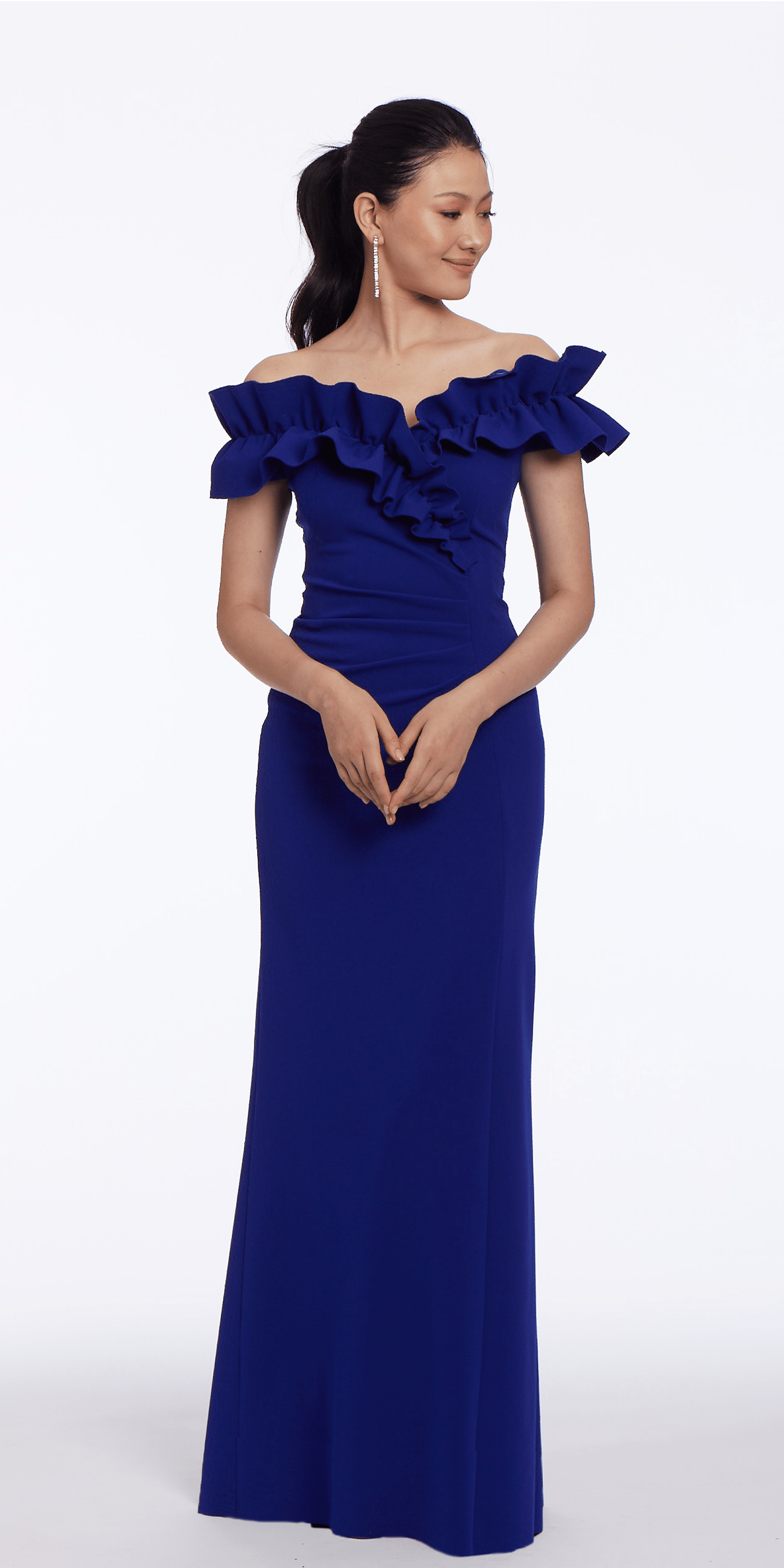 Camille La Vie Ruffle Off the Shoulder Crepe Trumpet Dress with Ruching missy / 4 / medium-blue