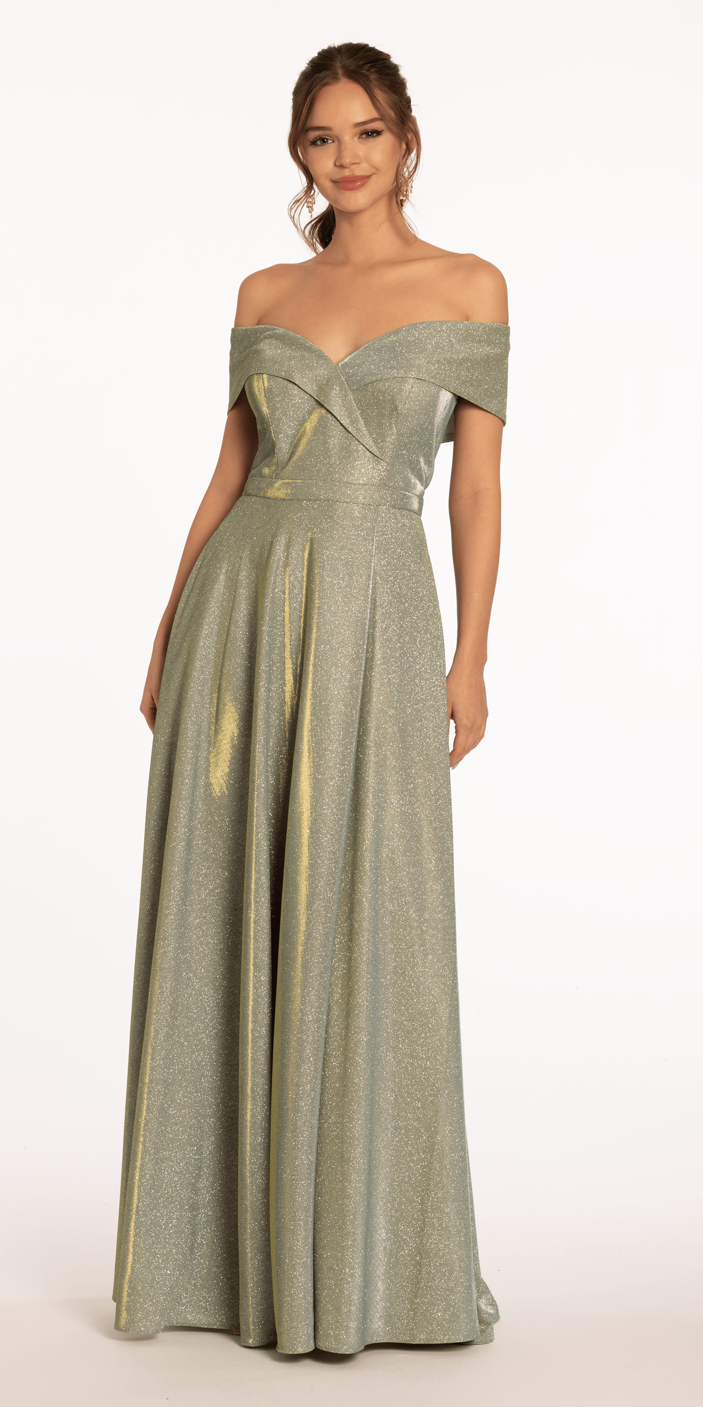 sage Size 4 missy Camille La Vie Two Tone Metallic Off the Shoulder Mock Wrap Dress