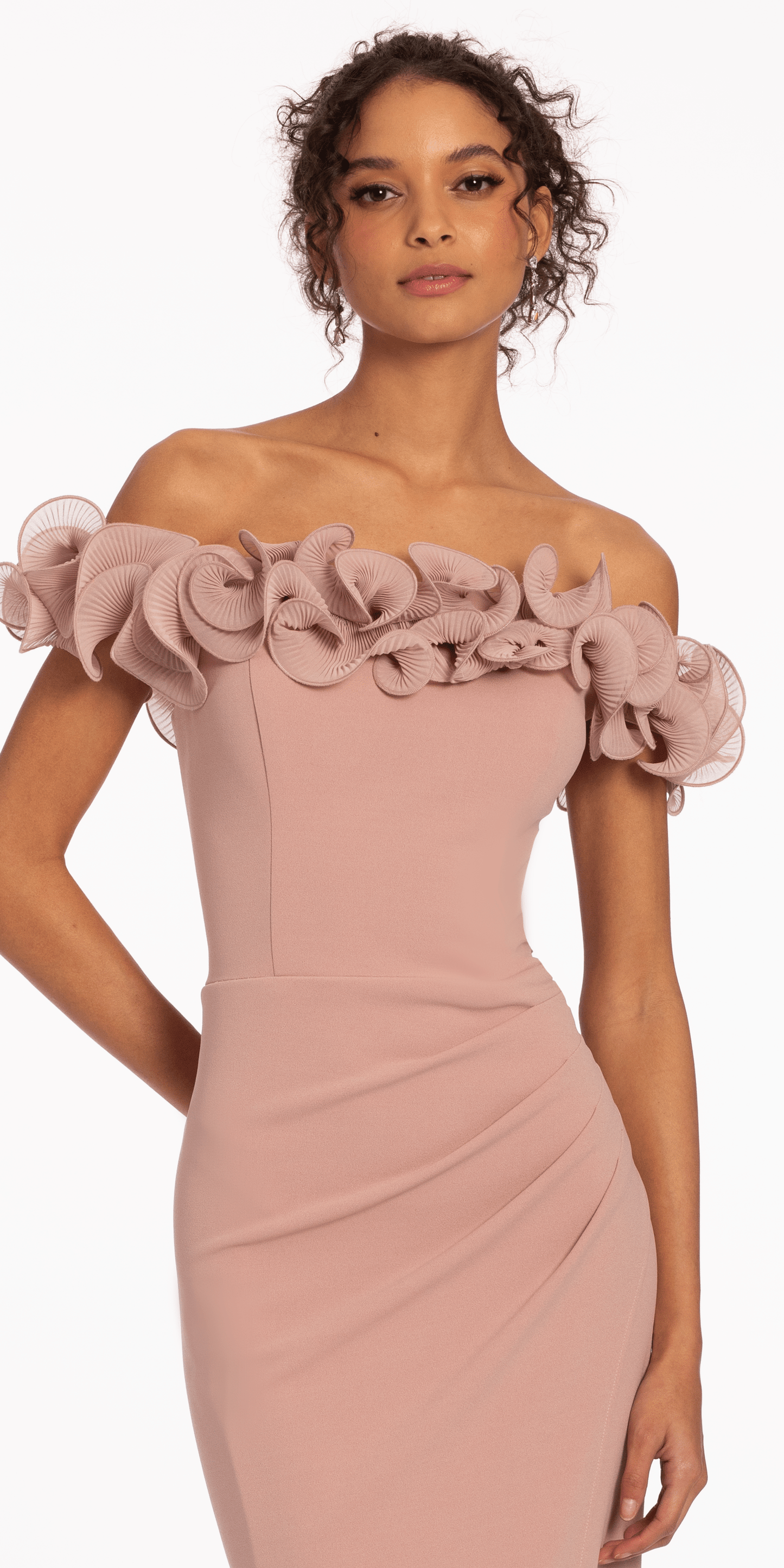 rose Size 4 missy Camille La Vie Ruffle Off the Shoulder Overlay Column Dress