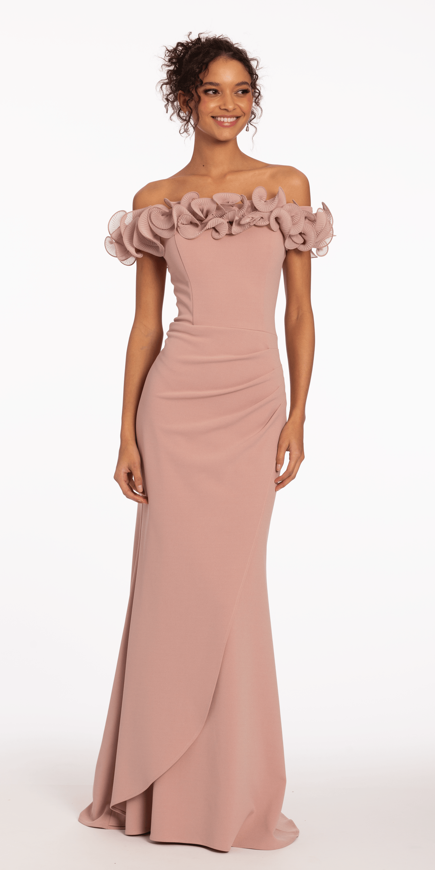rose Size 4 missy Camille La Vie Ruffle Off the Shoulder Overlay Column Dress