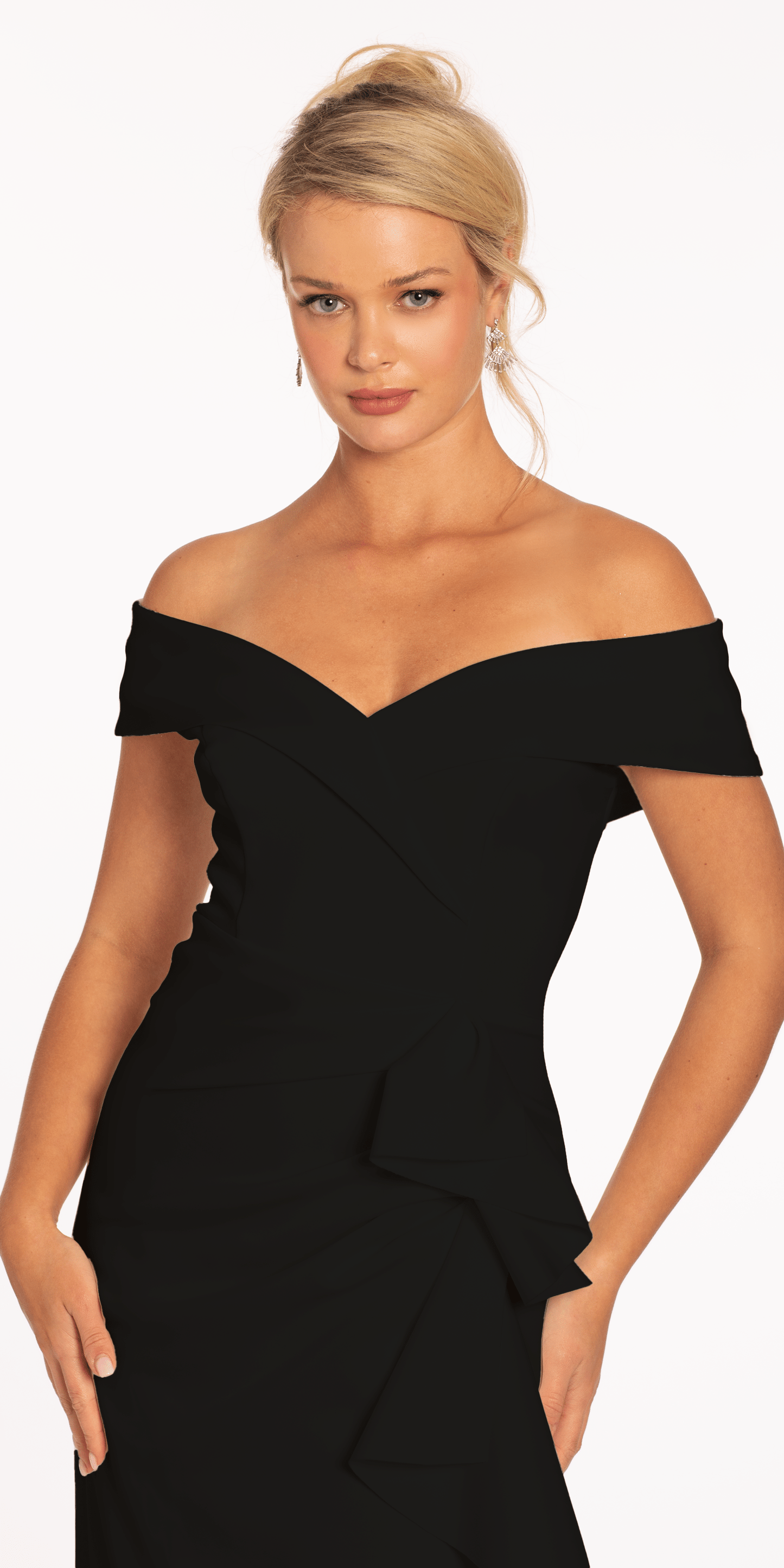 ivory Size 6 missy Camille La Vie Off the Shoulder Midi Scuba Dress with Side Cascade
