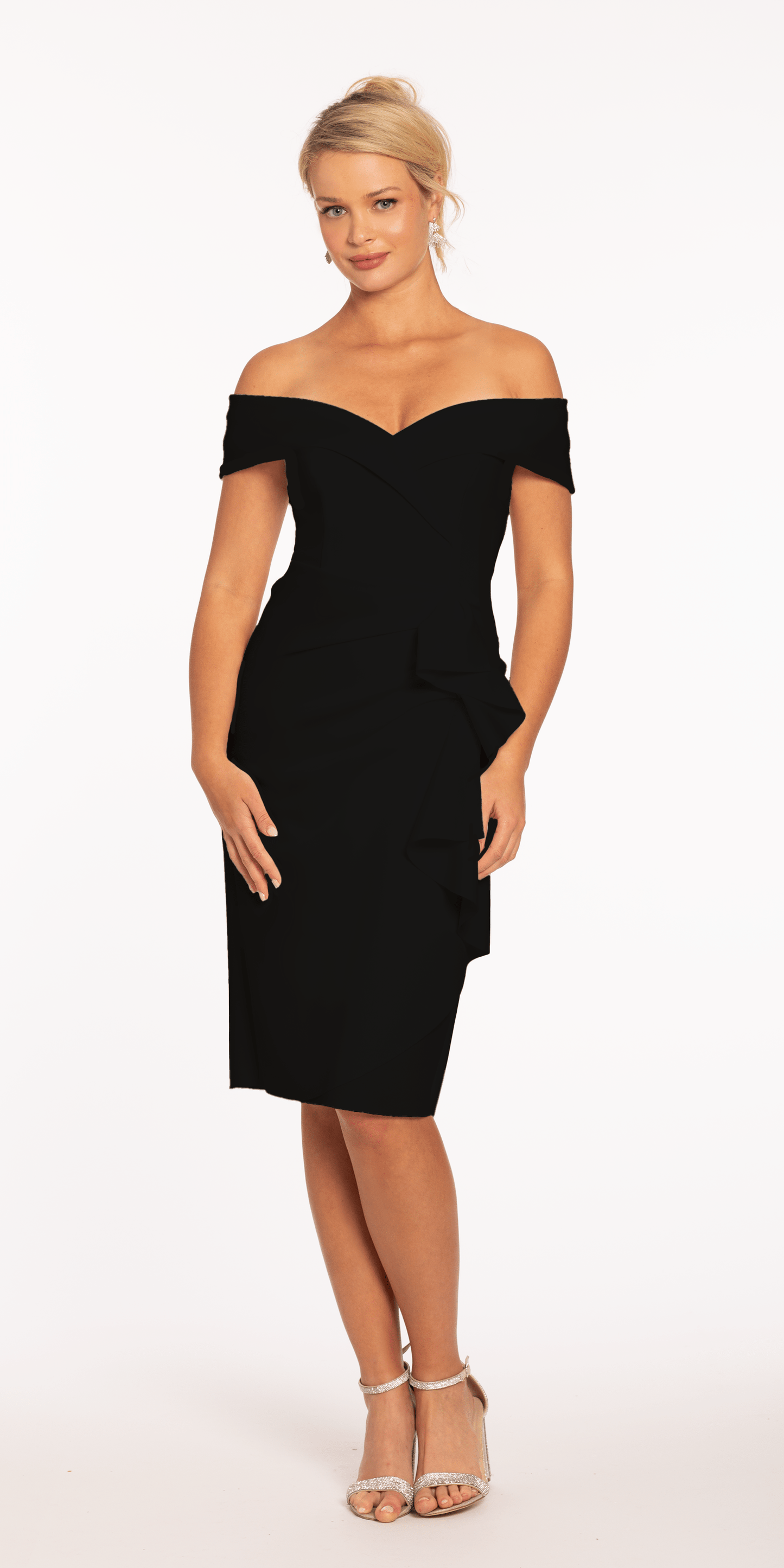 ivory Size 4 missy Camille La Vie Off the Shoulder Midi Scuba Dress with Side Cascade