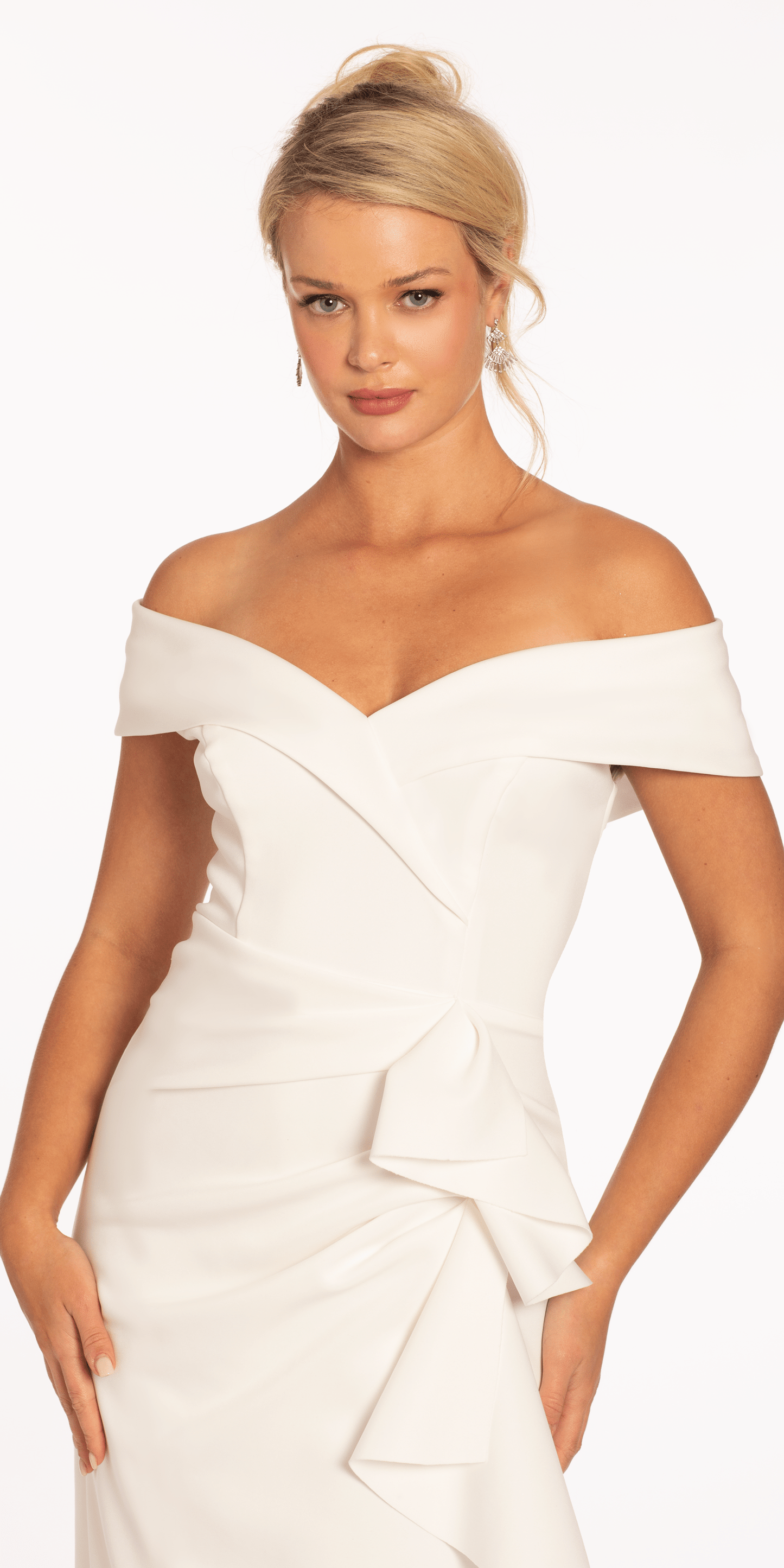 ivory Size 4 missy Camille La Vie Off the Shoulder Midi Scuba Dress with Side Cascade