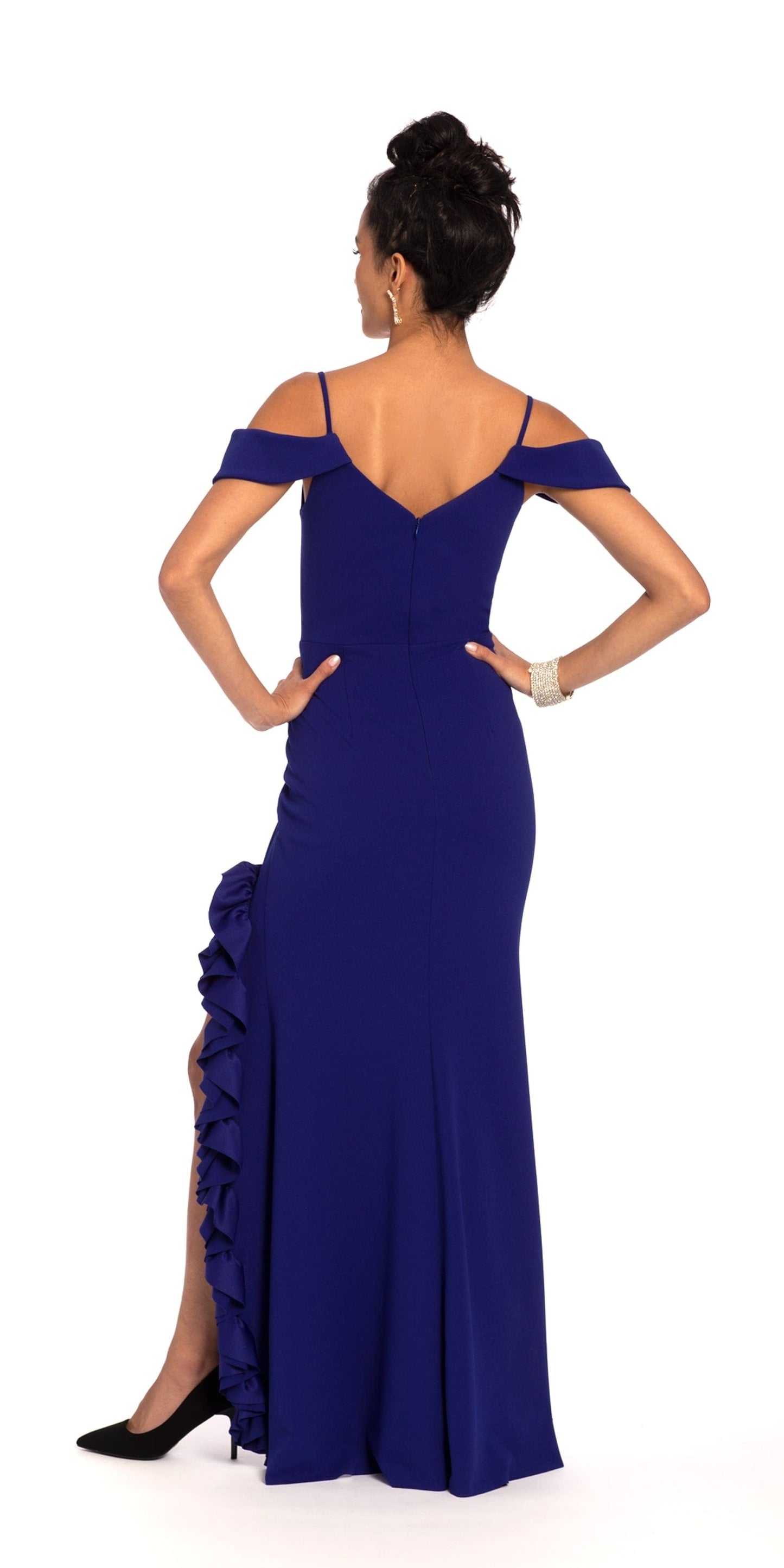 Camille La Vie Drape Cold Shoulder Dress with Ruffle Side Slit
