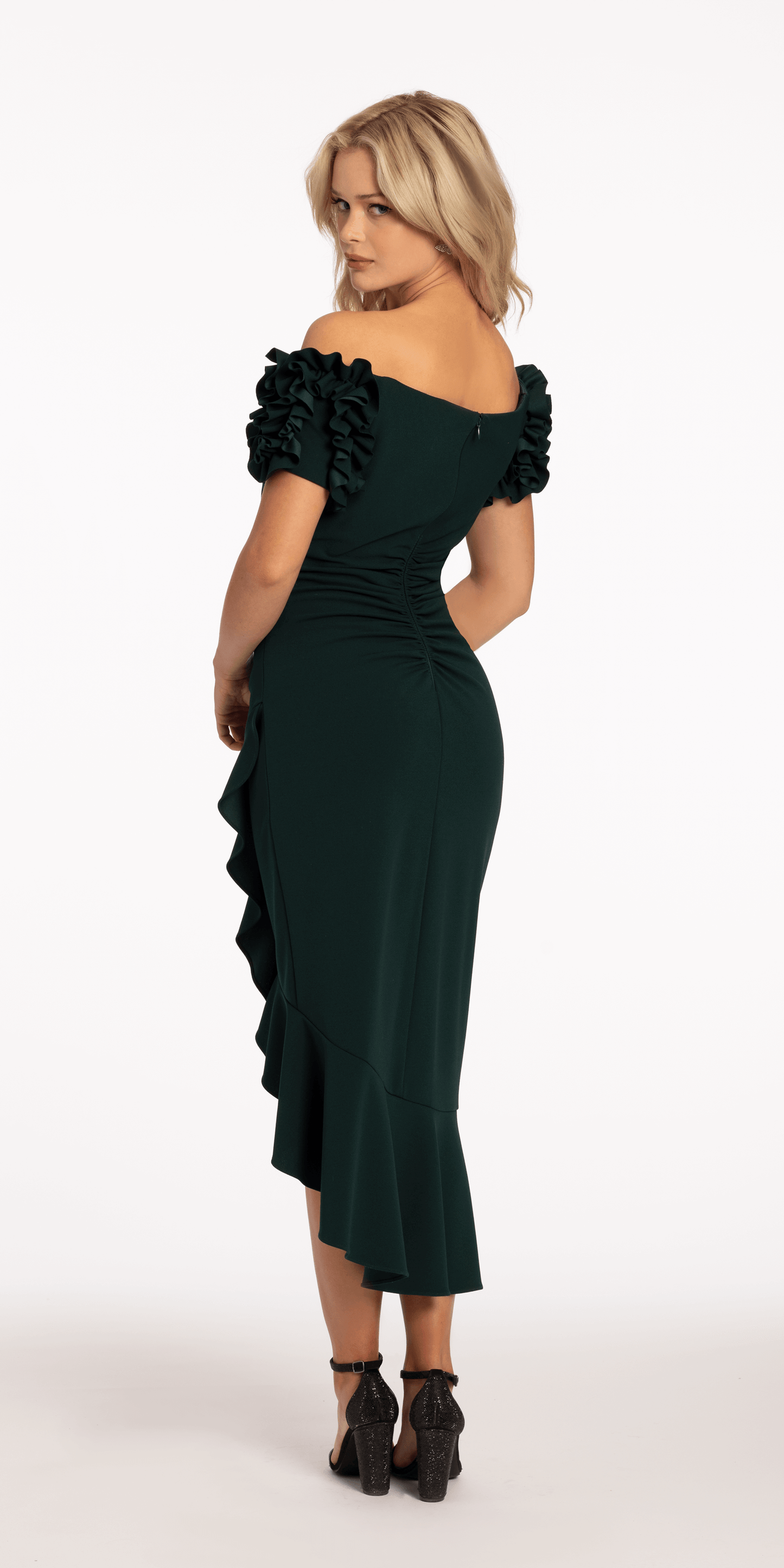 pine-green Size 6 missy Camille La Vie Crepe Puff Sleeve Off the Shoulder Dress with Ruching