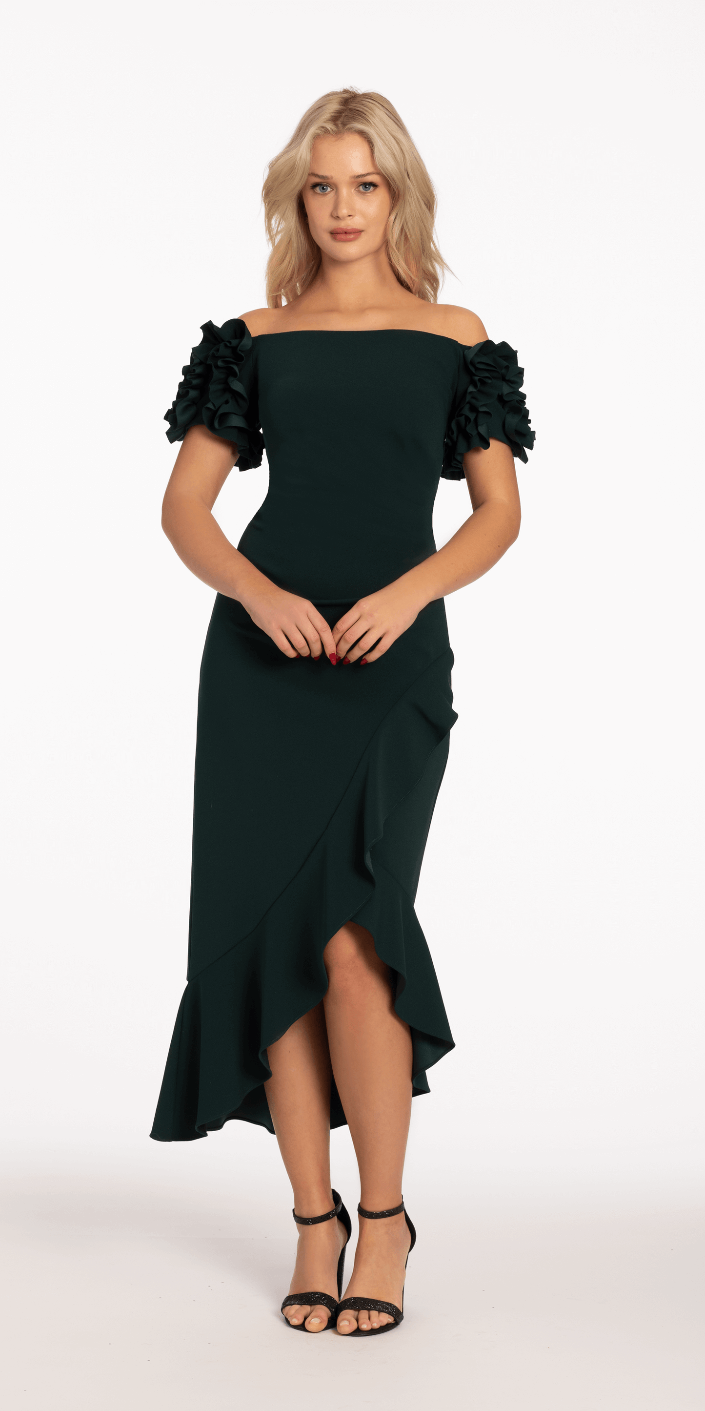 pine-green Size 4 missy Camille La Vie Crepe Puff Sleeve Off the Shoulder Dress with Ruching