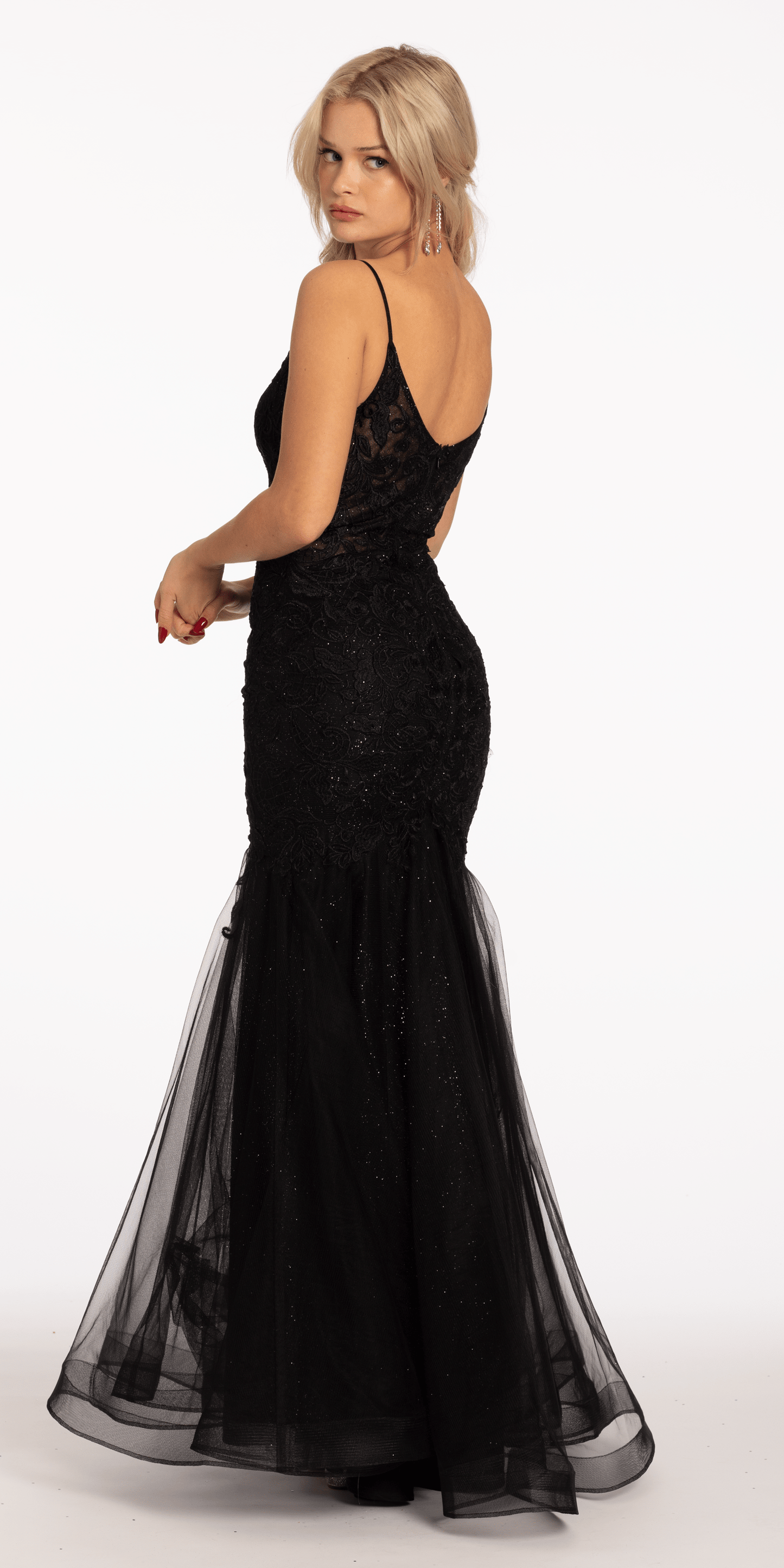 black size 0 missy Camille La Vie Glitter Mesh V Neck Embroidered Mermaid Dress