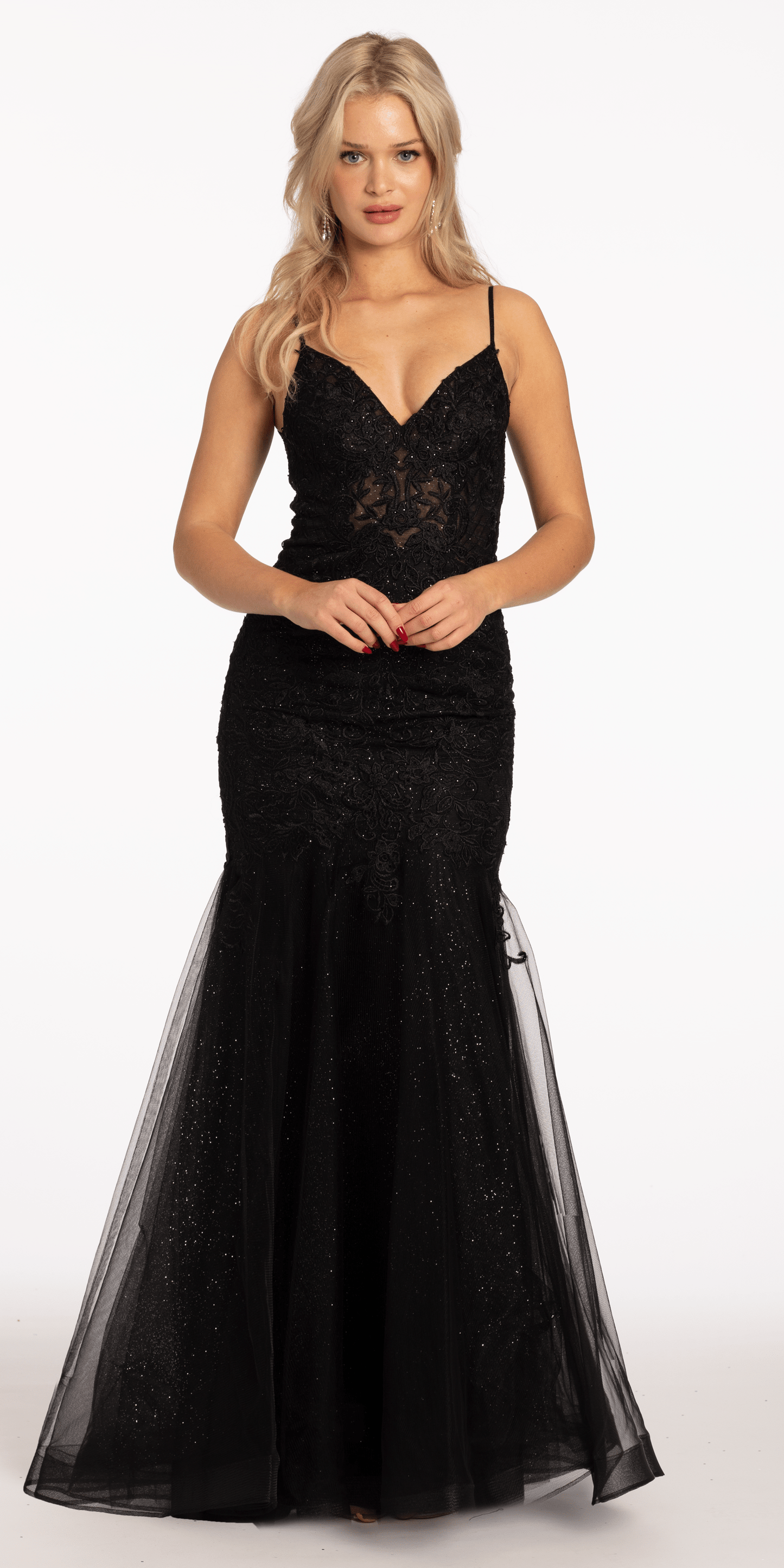 black size 0 missy Camille La Vie Glitter Mesh V Neck Embroidered Mermaid Dress