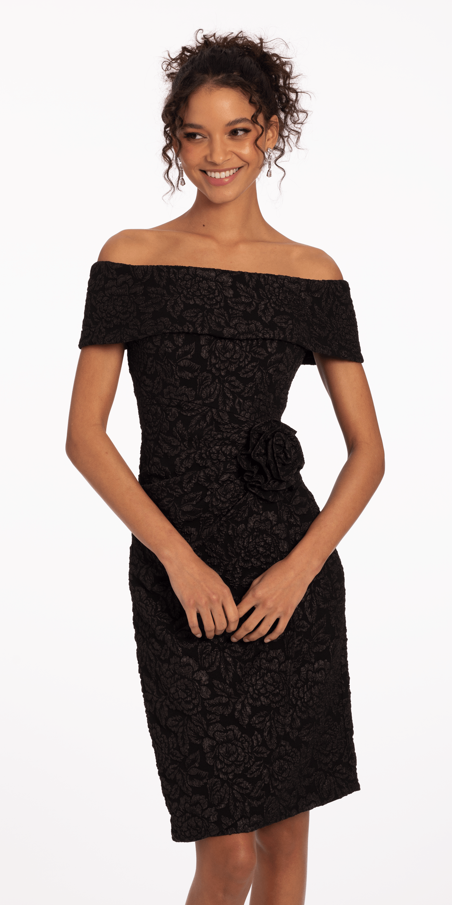 black size 4 missy Camille La Vie Jacquard Off the Shoulder Dress with Side Rosette