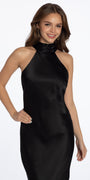 Charmeuse Satin Cutaway Halter Column Dress with Back Ruching Image 2