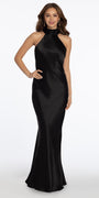 Charmeuse Satin Cutaway Halter Column Dress with Back Ruching Image 1